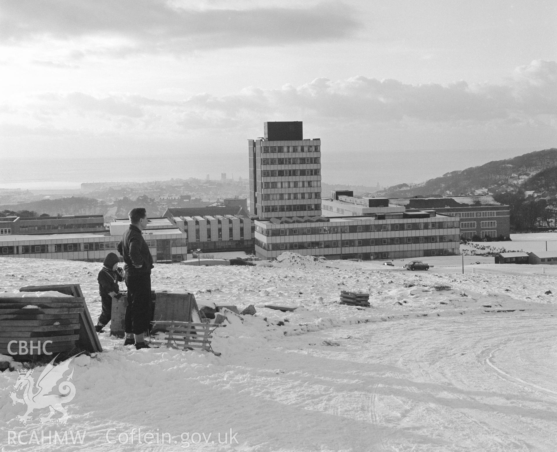 View of University of Aberystwyth in snow from Peter Henley Collection.