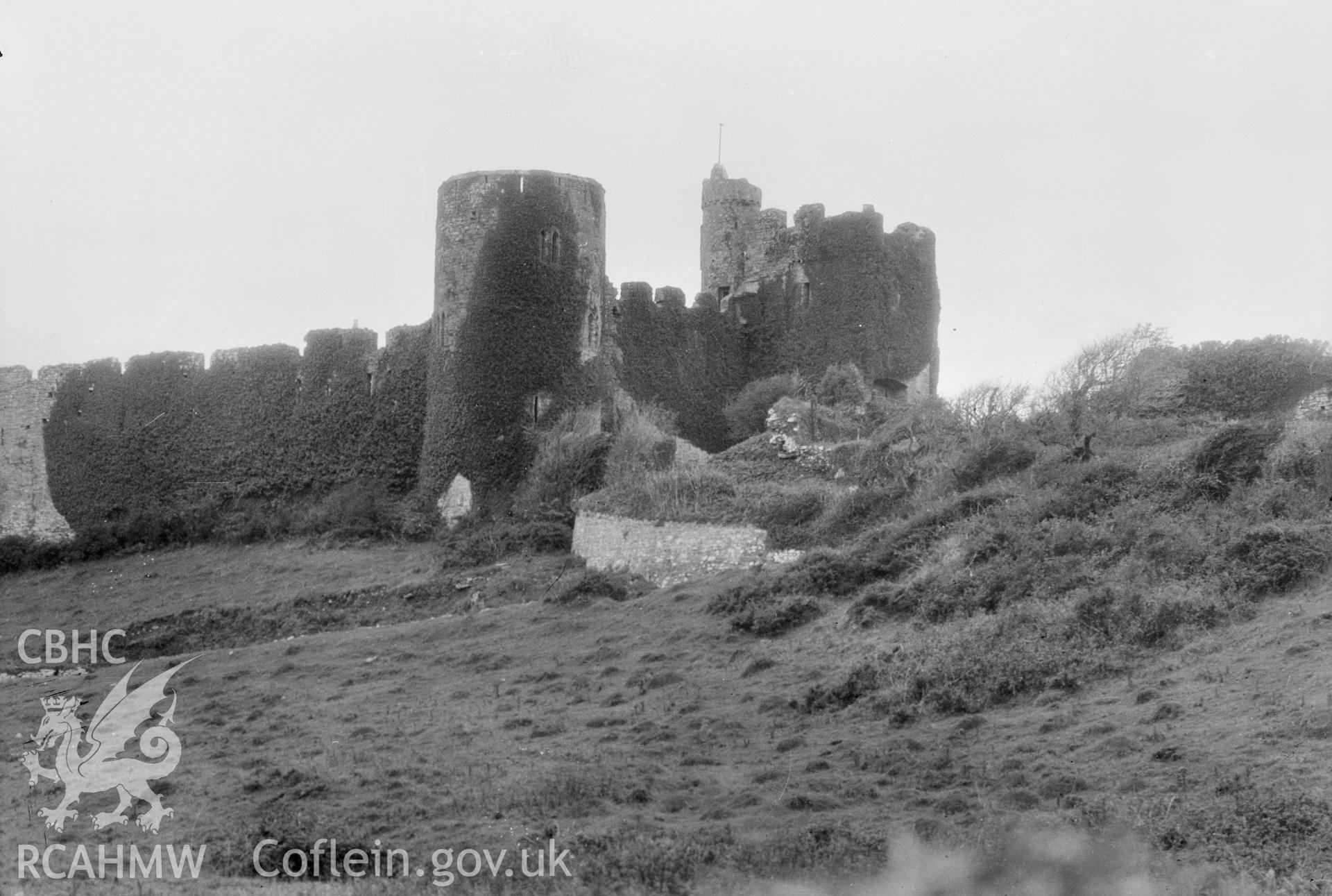 Landscape view of Manorbier Castle taken by W.A. Call 1930.