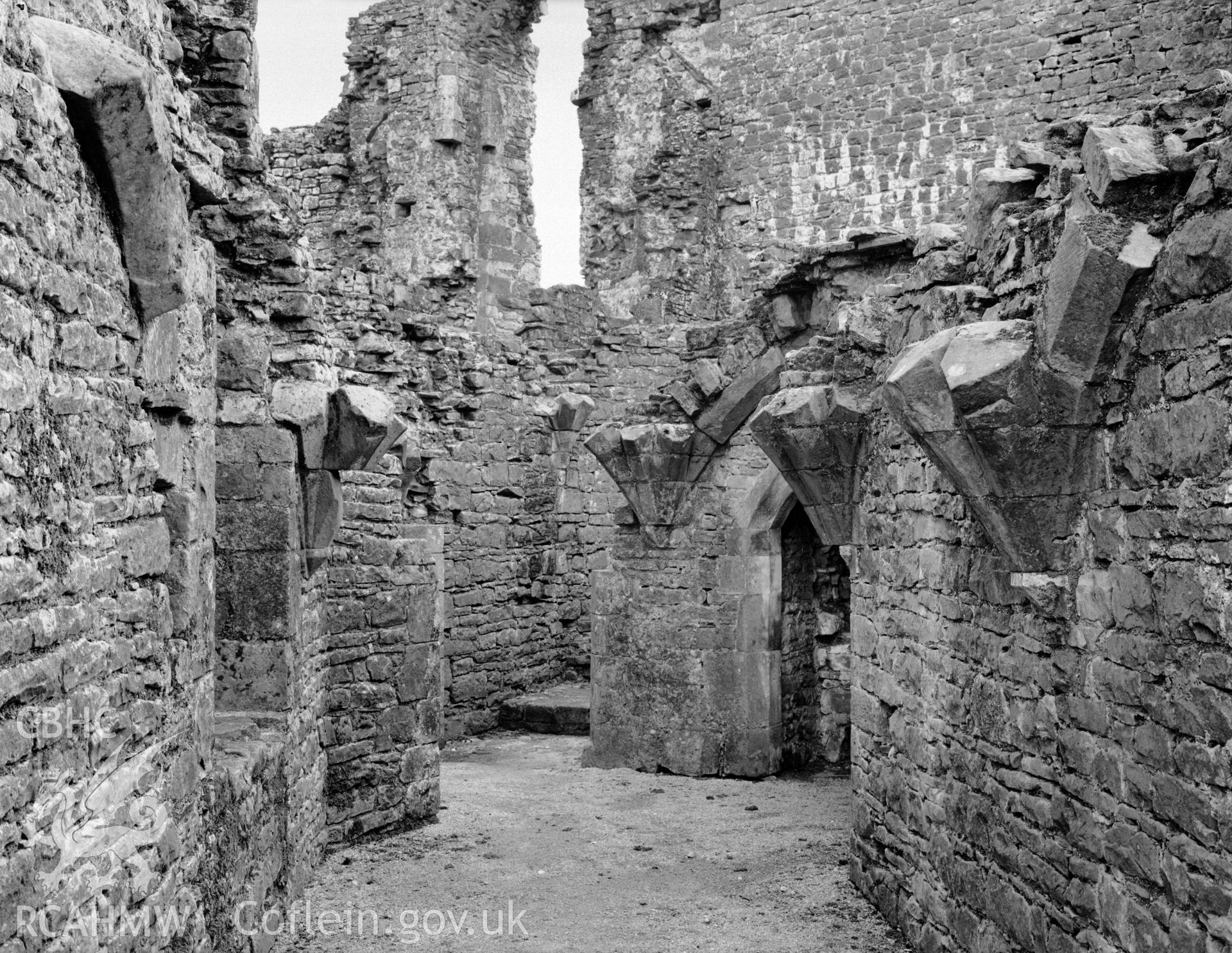 Part of vaulted arches in the interior hall at Coity Castle, Coity Higher, taken 07.04.1941.