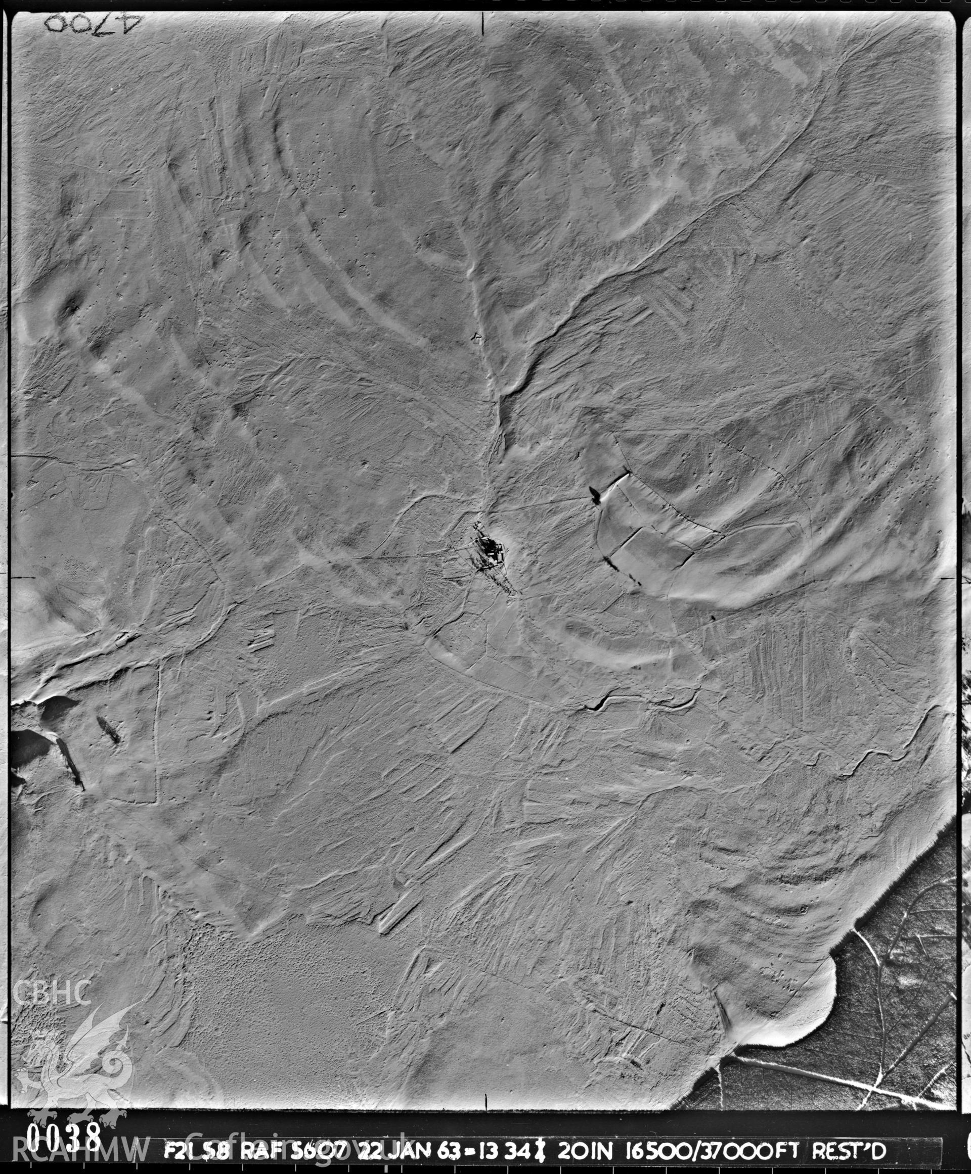 Black and white vertical aerial photograph taken by the RAF in 1963, centred on the area around Llanidloes..