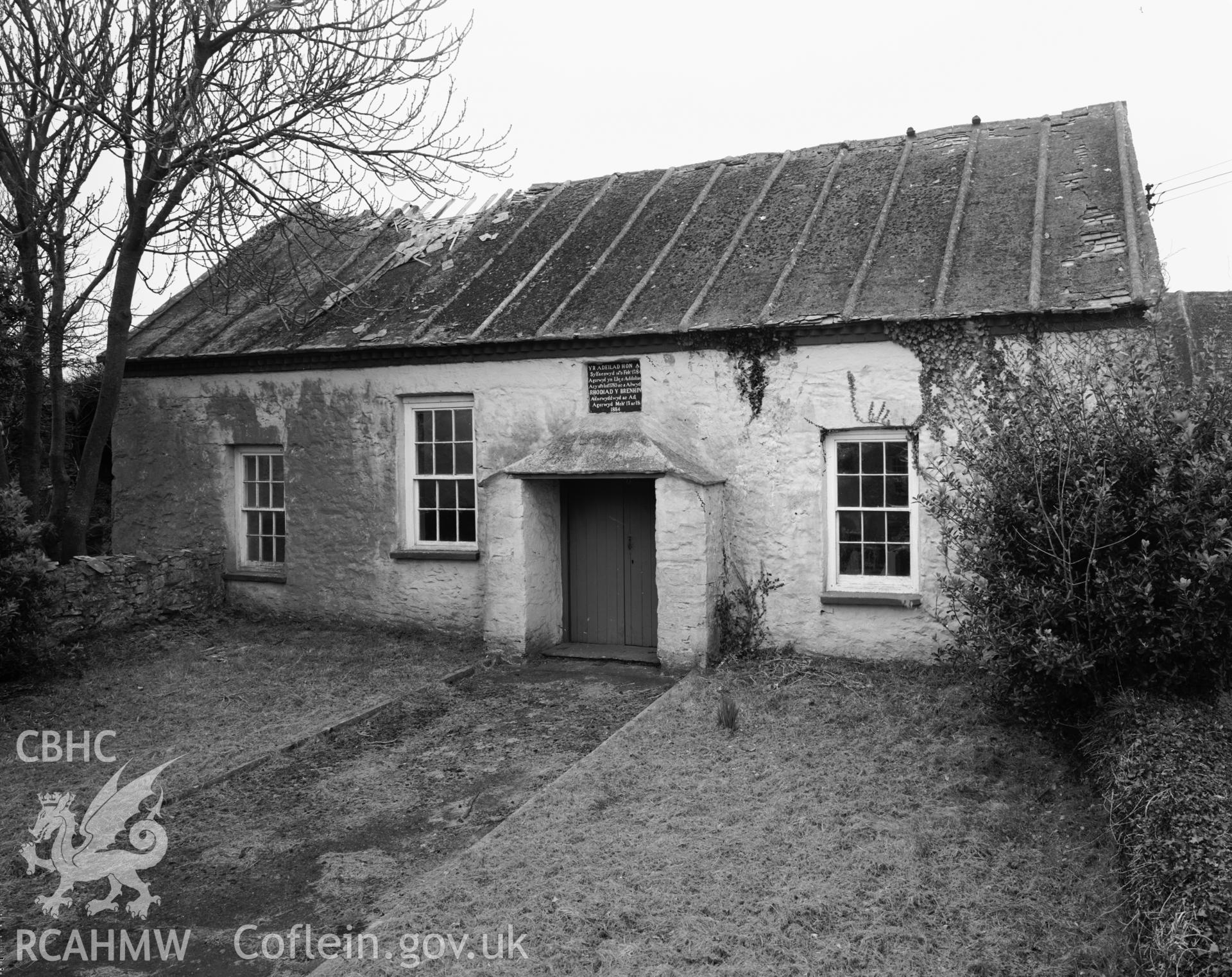 Black and white photo showing exterior view of Rhodiad Congregational Chapel, produced by Iain Wright 1993.