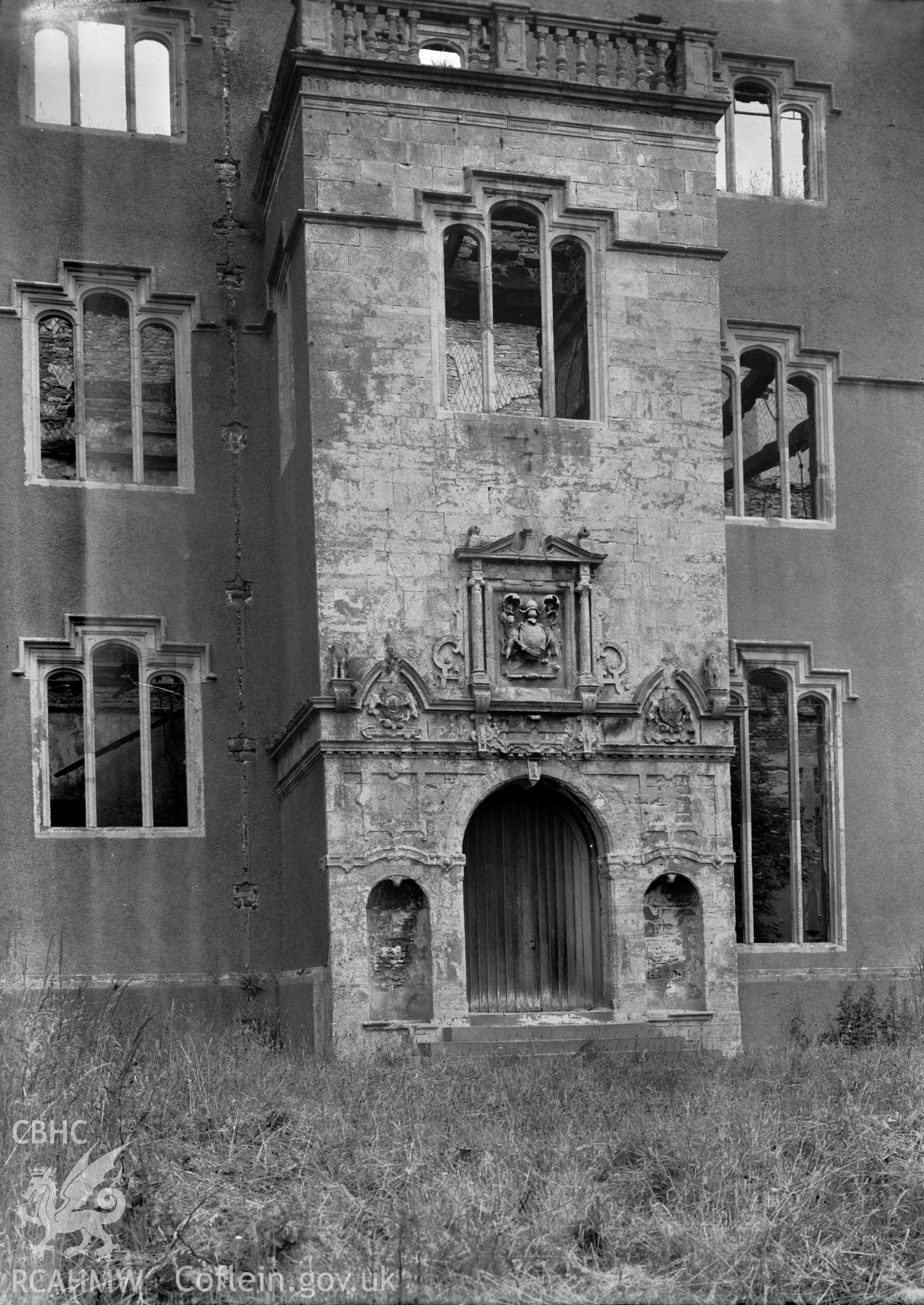 View of the south porch of Ruperra Castle from the south east, taken in 1962.