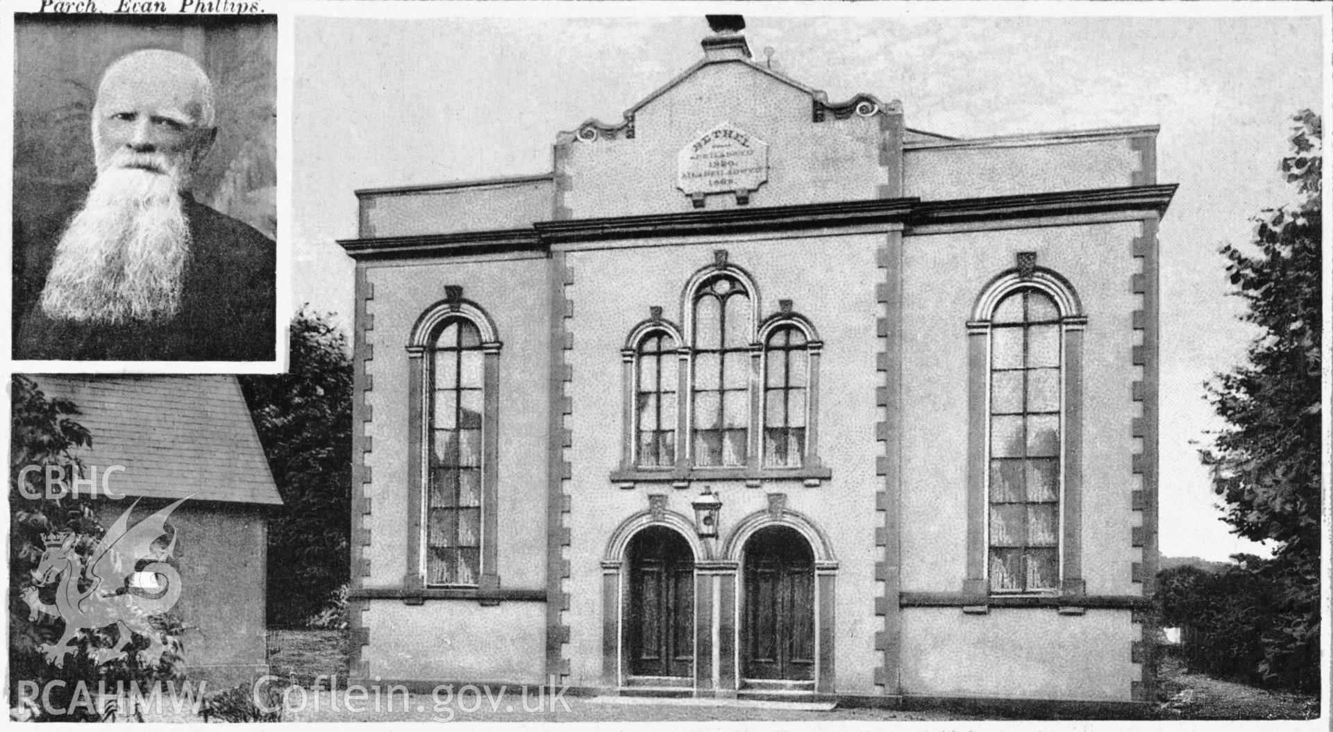 Bethel Chapel, Newcastle Emlyn; B&W print copied from an undated postcard, loaned for copying by Thomas Lloyd.  Copy negative held.