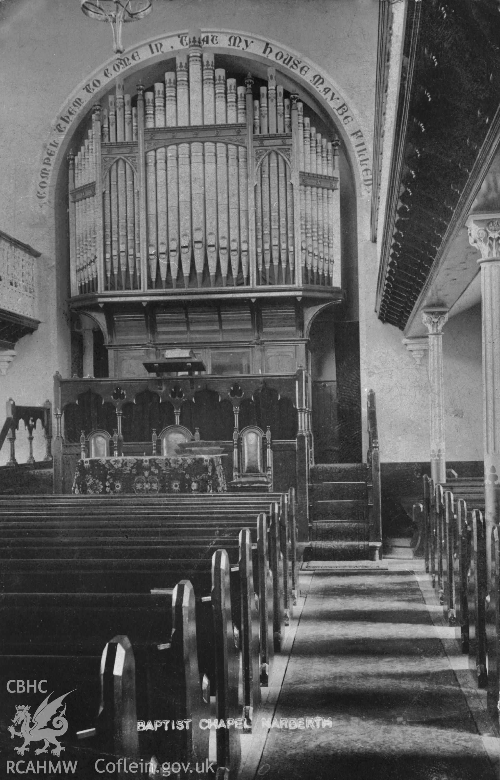 Bethesda Baptist Chapel, Narberth; B&W print copied from an undated postcard loaned for copying by Thomas Lloyd.  Copy negative held.