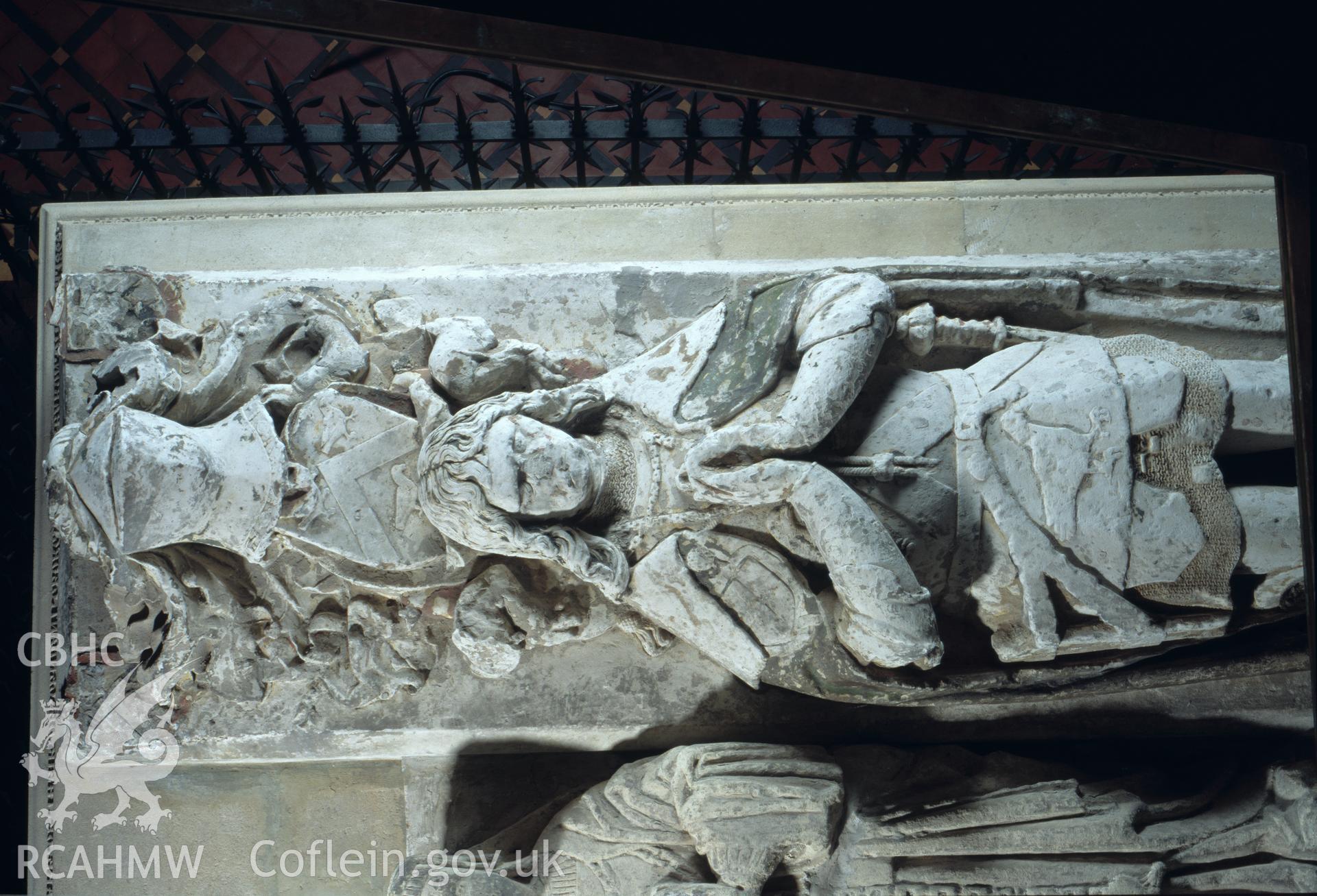 RCAHMW colour transparency showing detail of a monument to Sir Rhys ap Thomas, in St Peter's Church, Carmarthen.