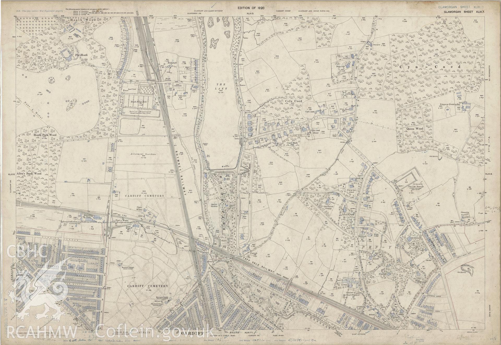 Digitized copy of Ordnance Survey 25 inch first edition map of Cardiff area 1920.