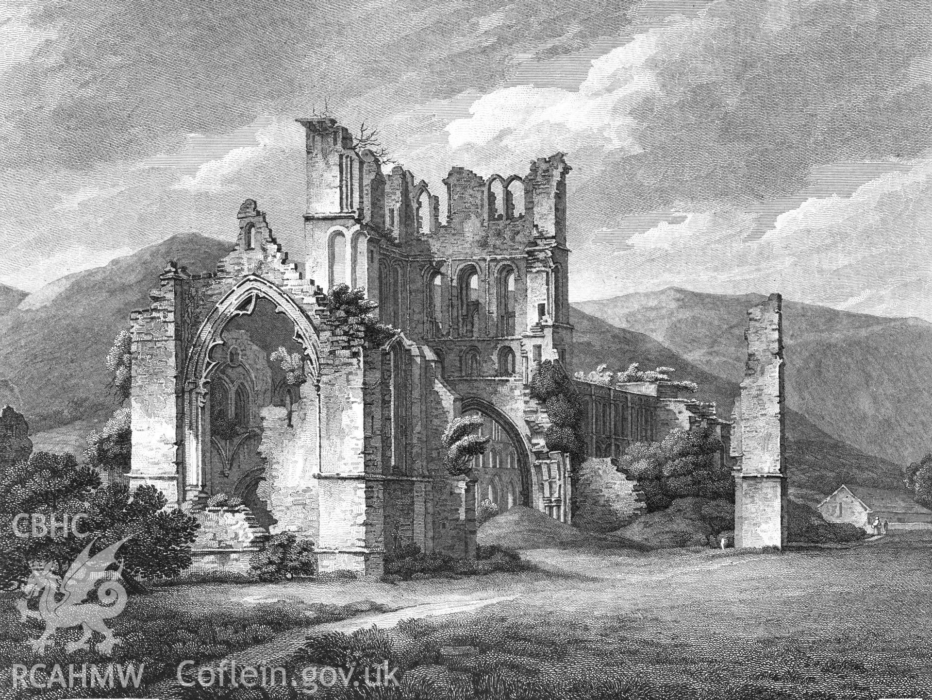 Black and white negative relating to Llanthony Abbey: view from the east, 1788. Taken from a Guide Book by the Society of Antiquaries.