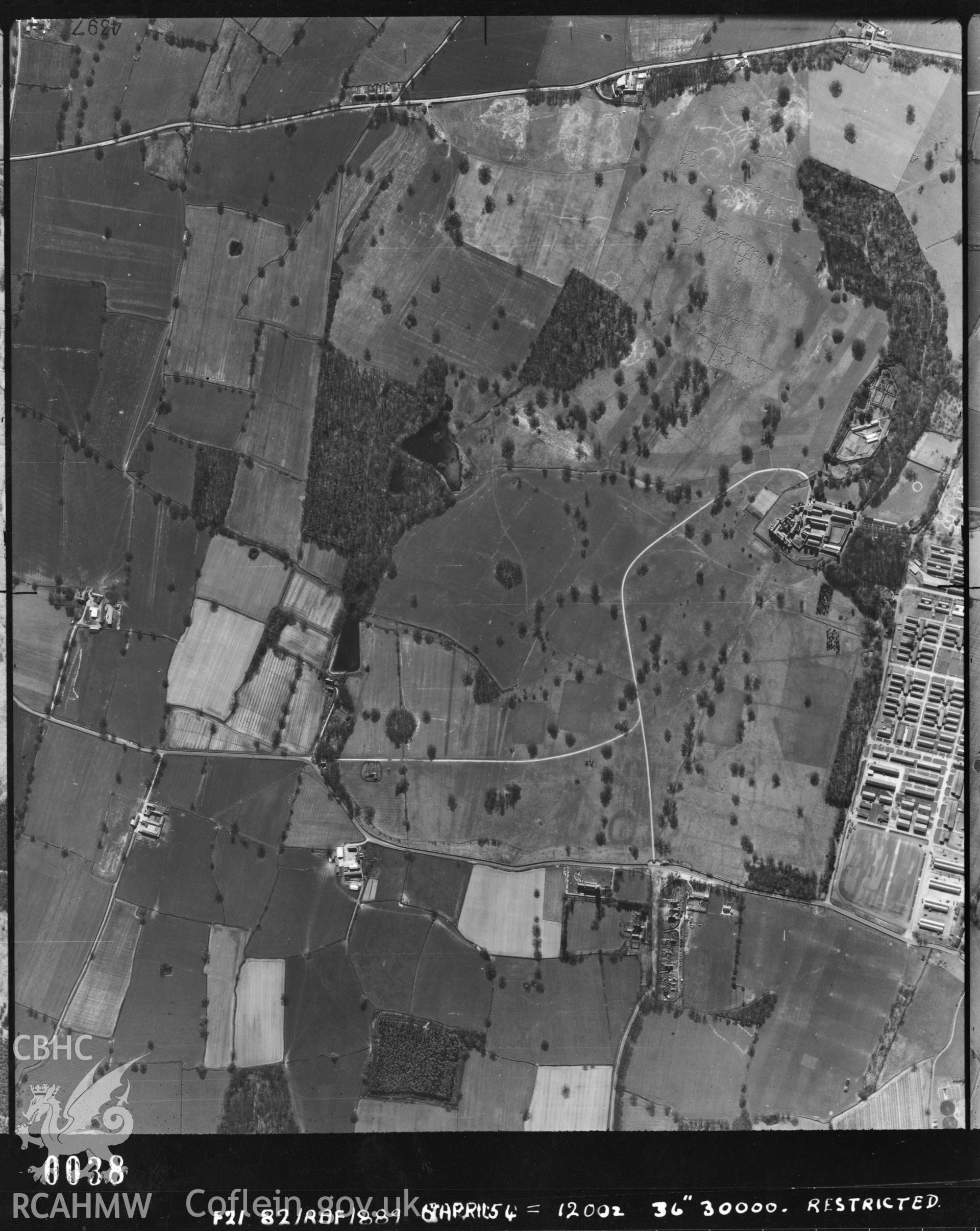 Black and white vertical aerial photograph, taken by the RAF, showing area around Bodelwyddan Park, April 1954.