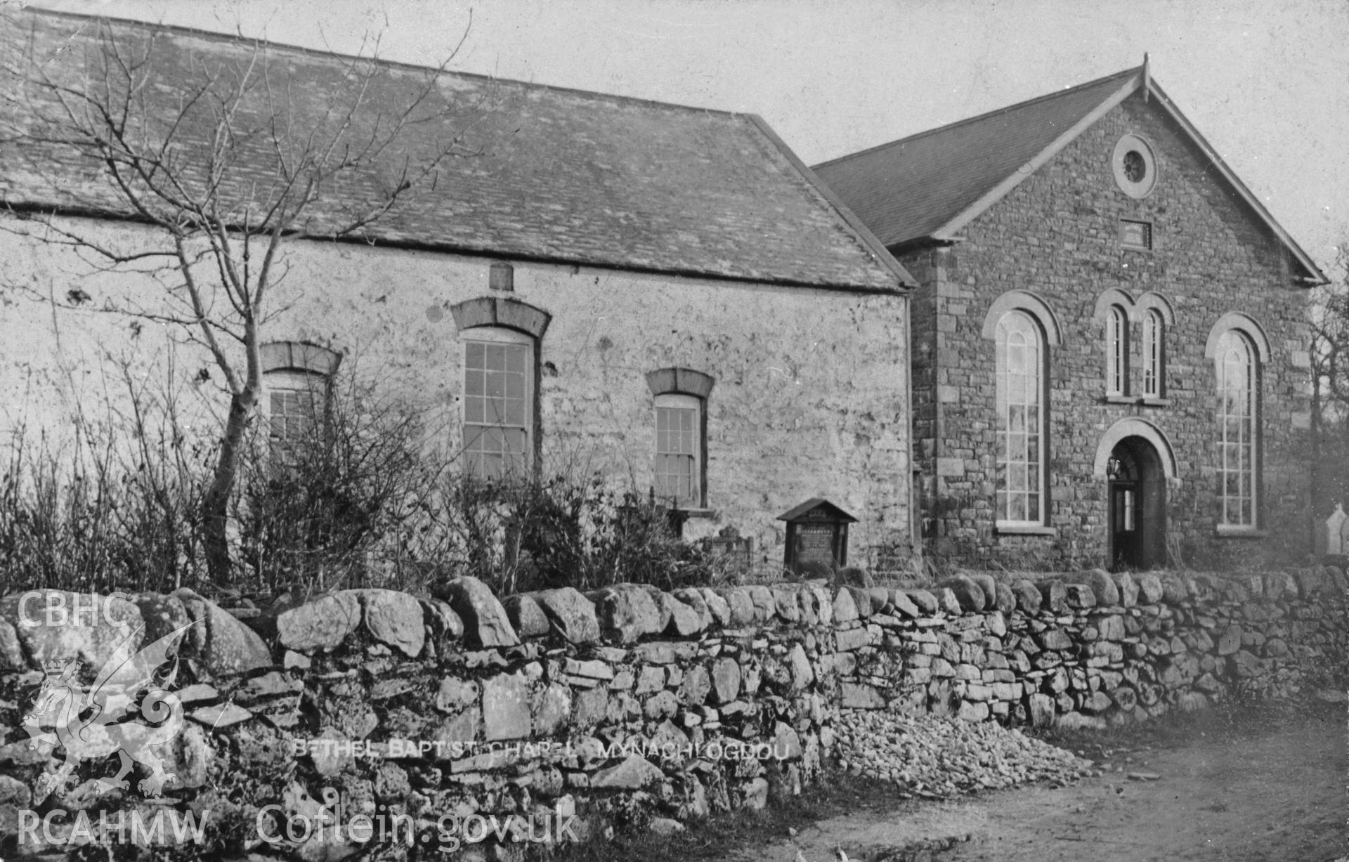 Bethel Baptist Chapel, Mynachlogddu;  B&W print copied from an undated postcard loaned for copying by Thomas Lloyd.  Copy negative held.