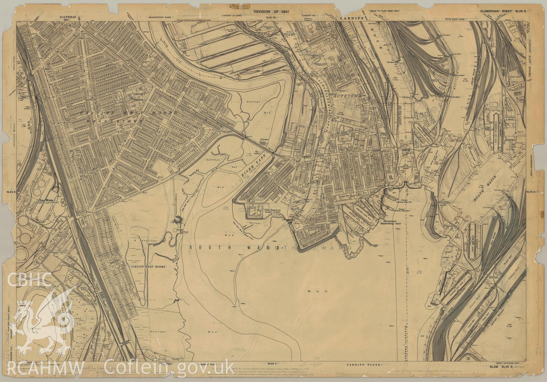 Digitized copy of Ordnance Survey 25 inch fourth edition map of Cardiff Docks area 1941.