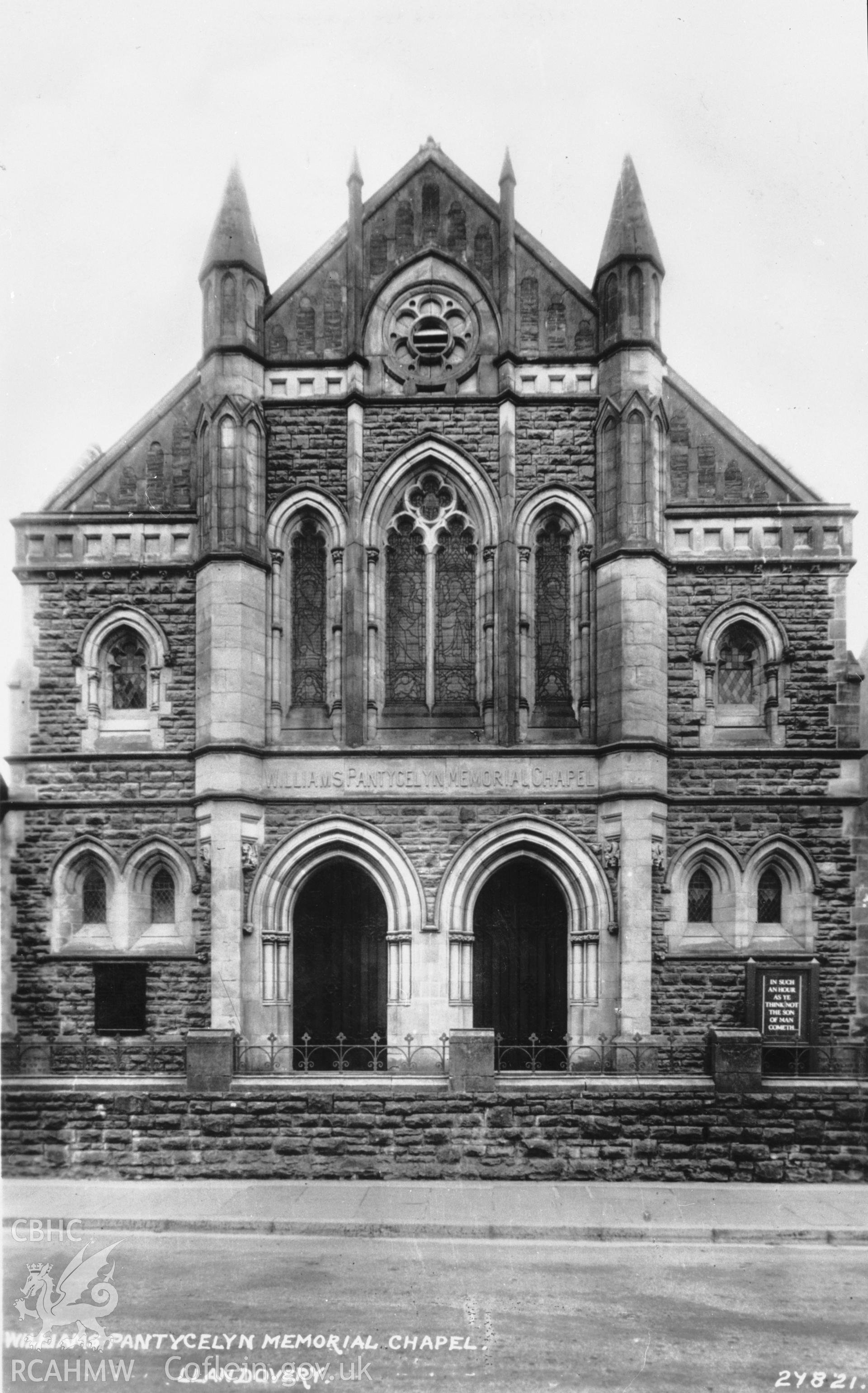 Williams Pantycelyn Memorial Chapel, Llandovery; B&W print copied from an undated postcard, loaned for copying by Thomas Lloyd.  Copy negative held.
