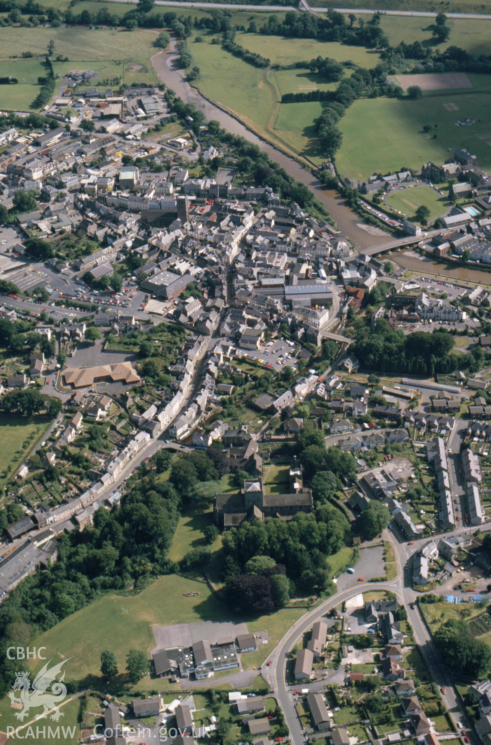 Slide of RCAHMW colour oblique aerial photograph of aerial view of Brecon Town, taken by C.R. Musson, 1989.