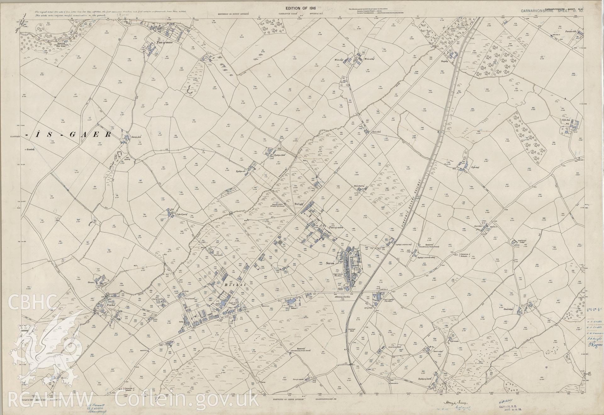 Digitized copy of Ordnance Survey 25 inch coloured map of Saron area of Caernarfonshire 1900.