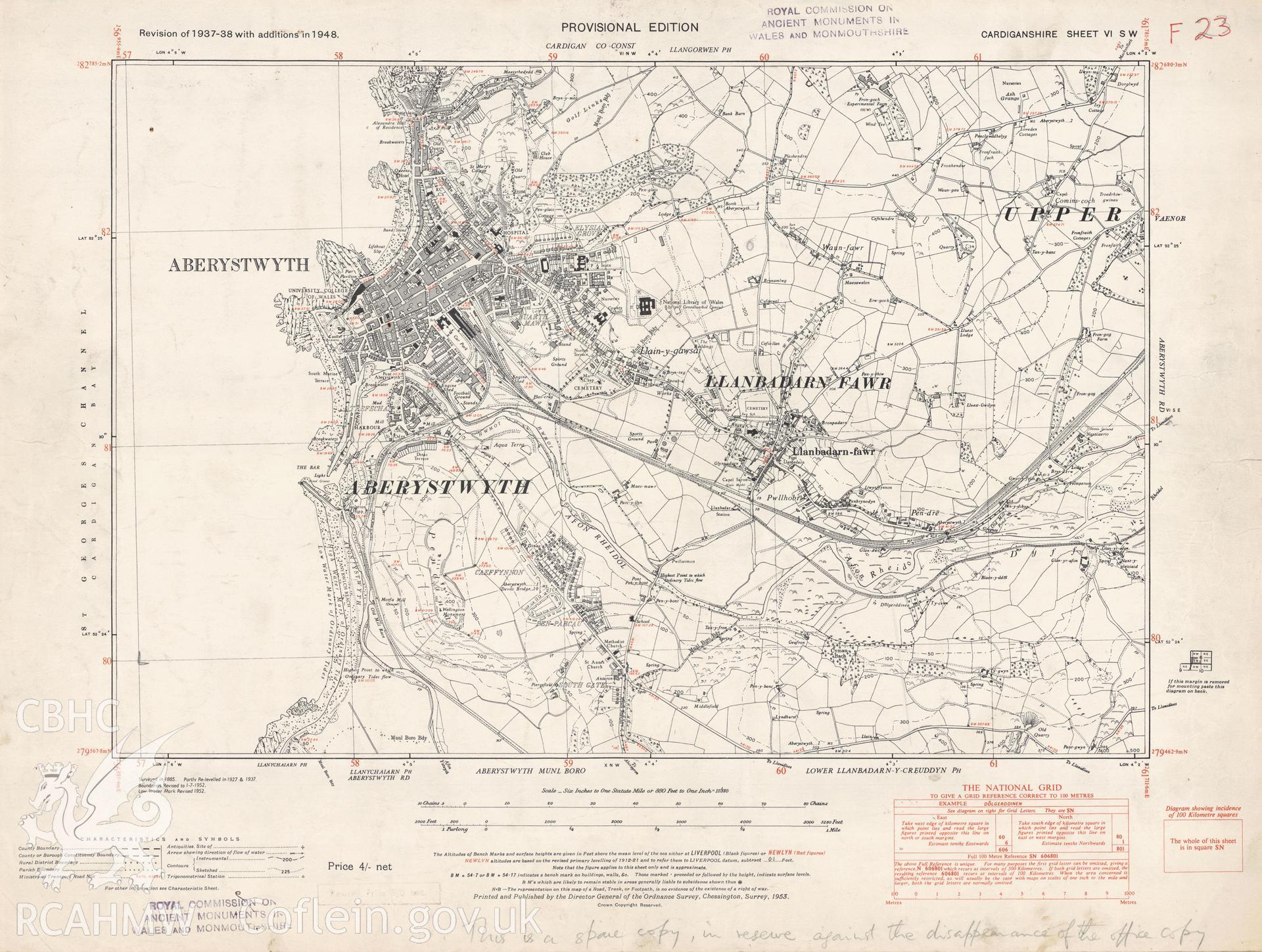 Digital copy of a Provisional Edition Ordnance Survey map. A revision of 1937 map with additions in 1948 covering Aberystwyth Town.