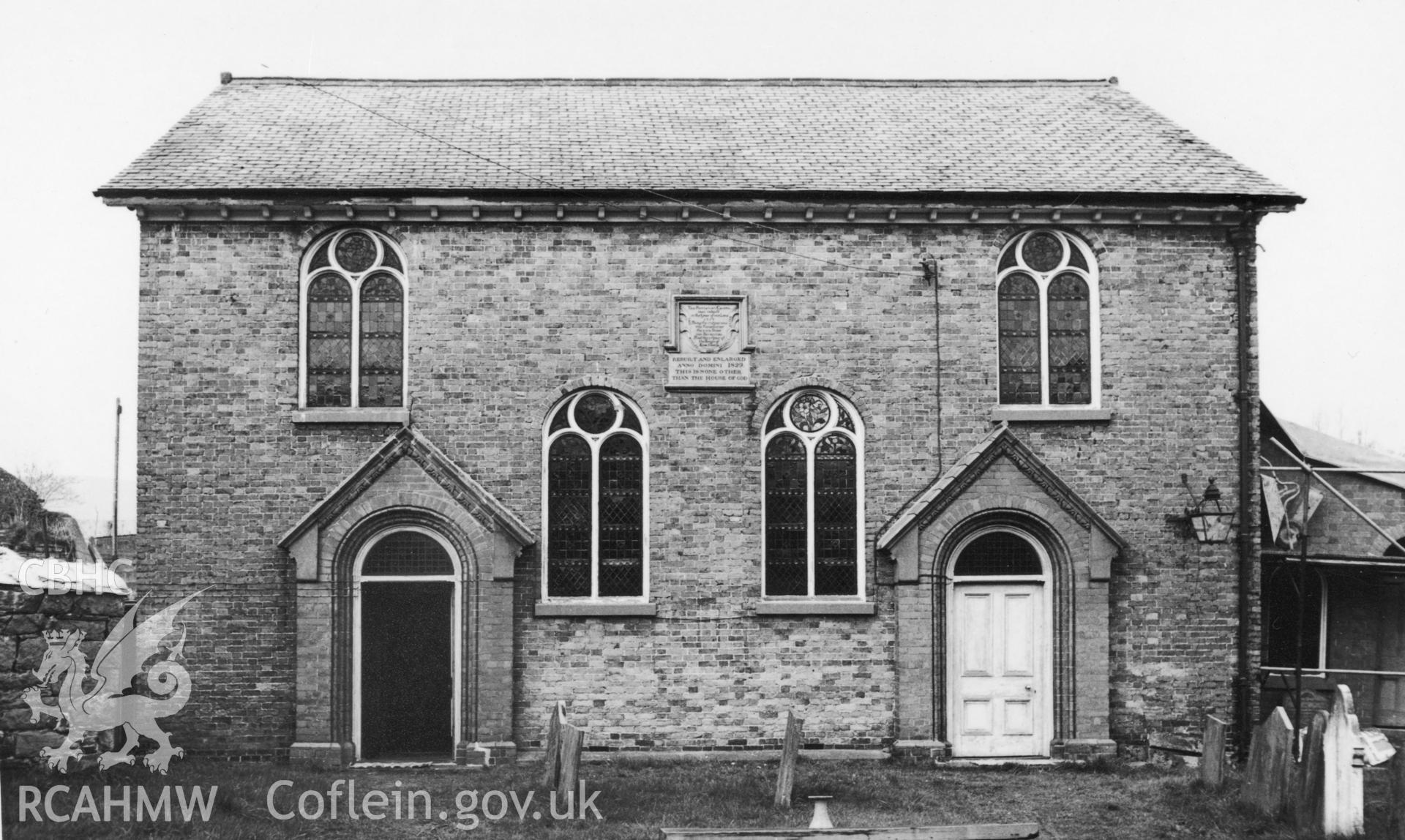 One black and white photo showing an exterior view of Pendref Chapel, taken by Mrs Sunter-Harrison, undated.