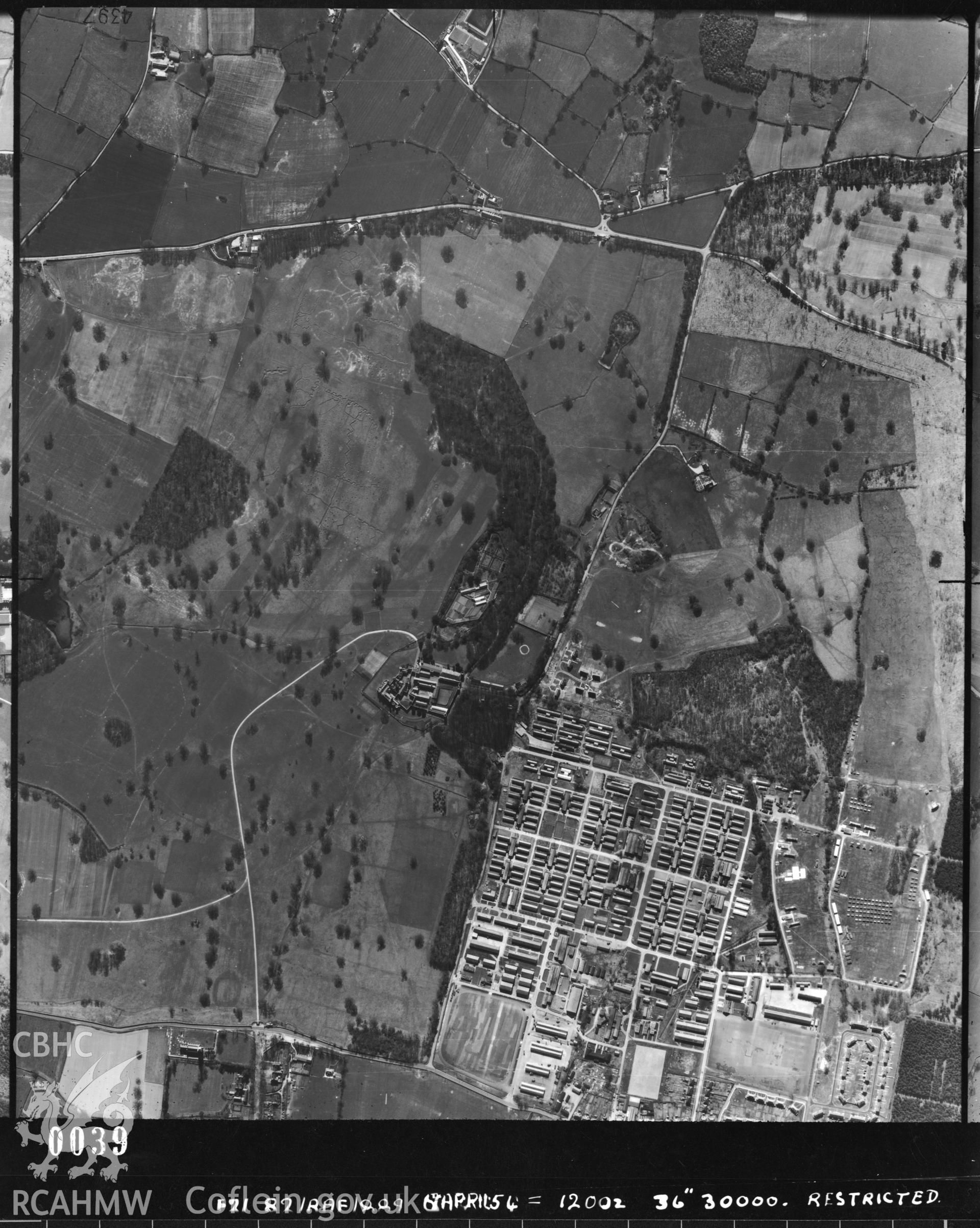 Black and white vertical aerial photograph, taken by the RAF, showing area around Bodelwyddan Park, April 1954.