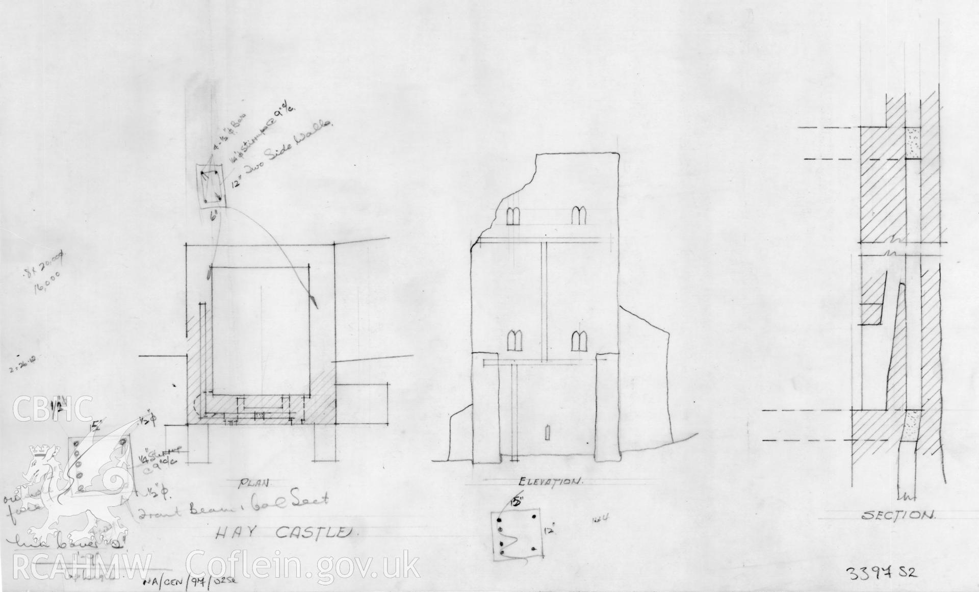 Sketch elevation, section and plan of Hay Castle, showing the reinforcement of the outer wall, pencil on tracing paper.