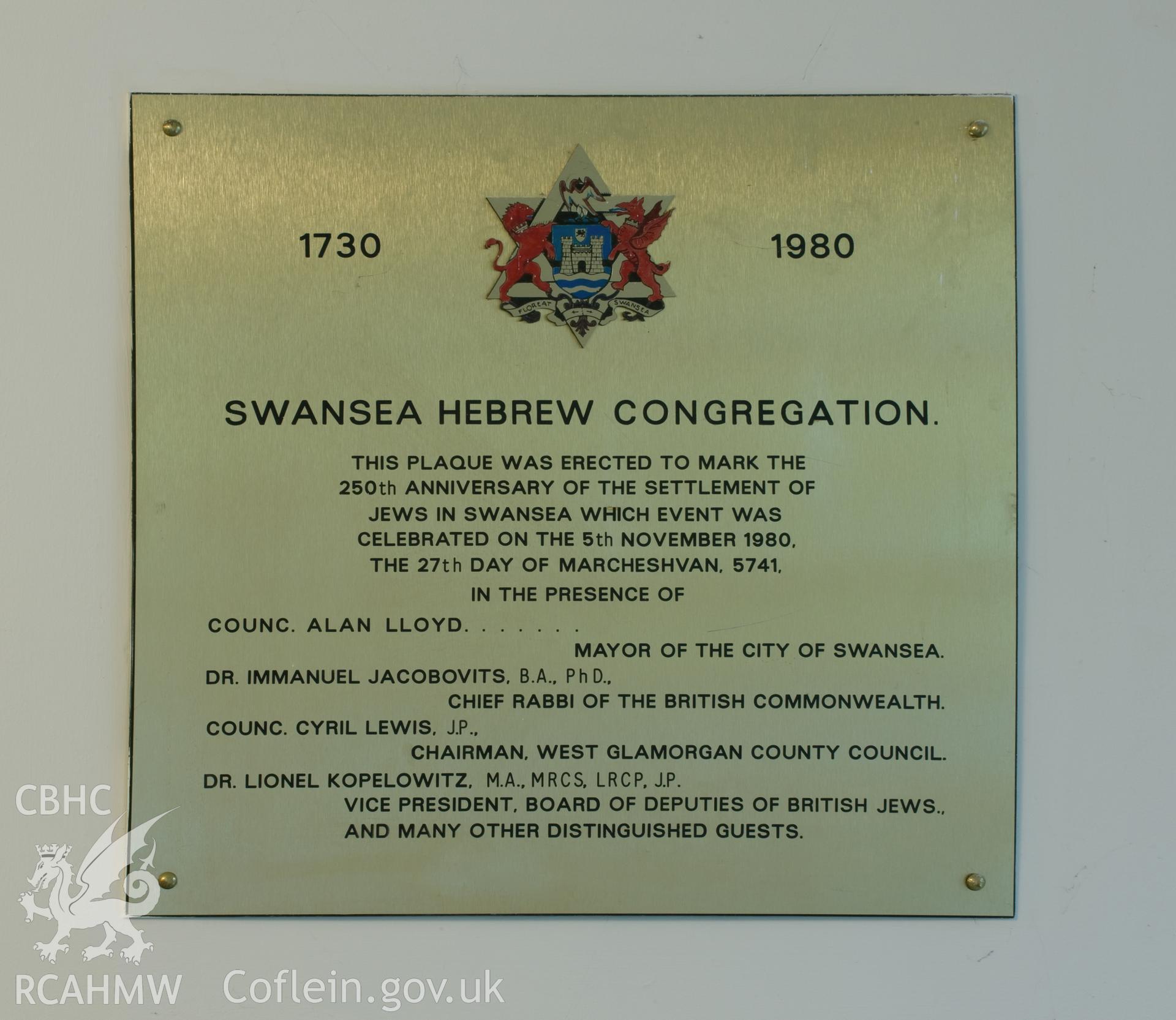 Memorial to the anniversary of Jewish settlement in Swansea.
