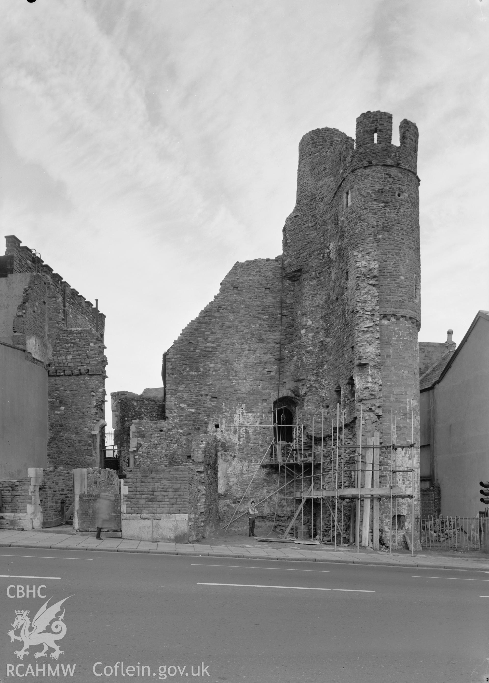 D.O.E photograph of Swansea Castle - clock tower from south, work in progress.