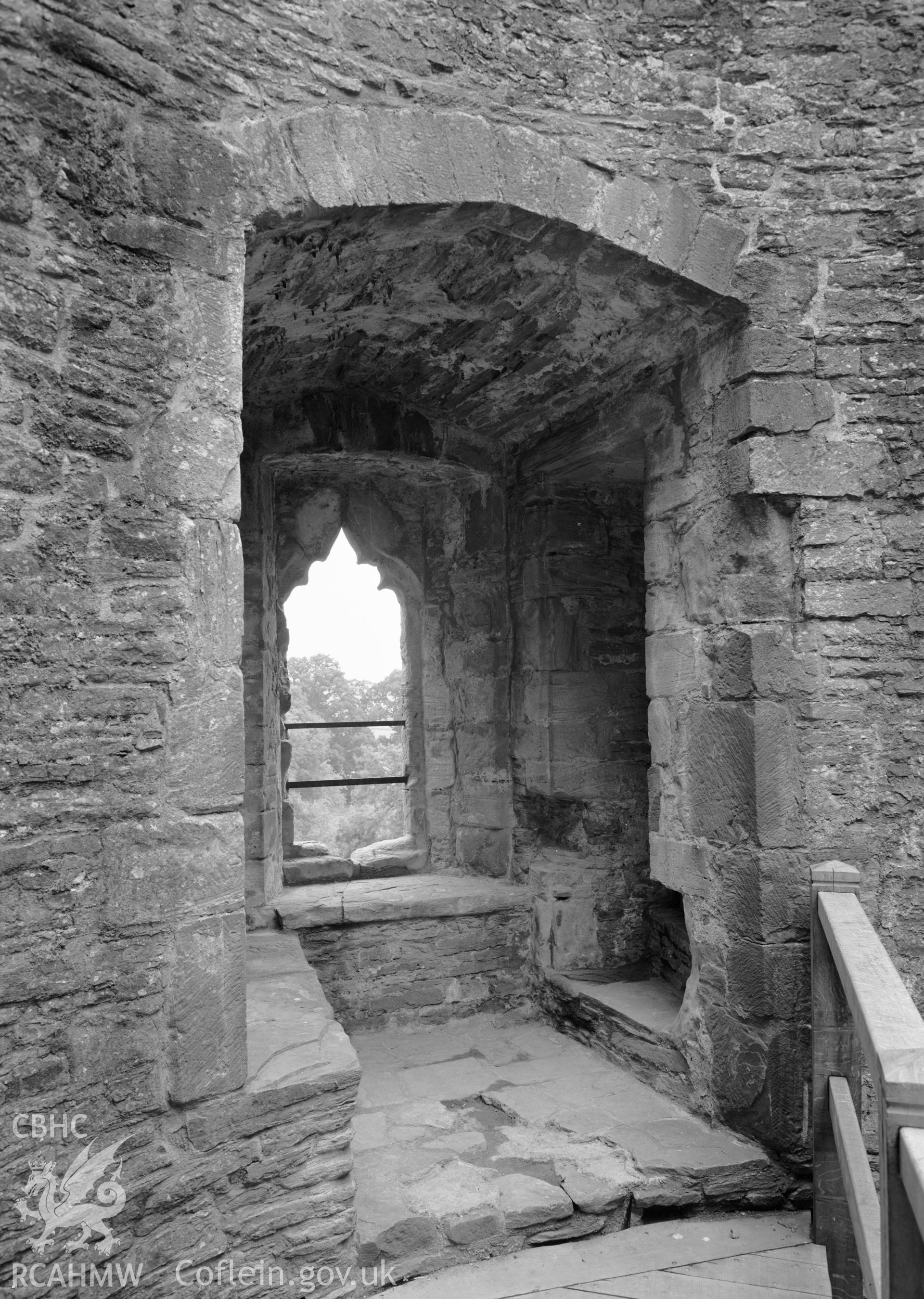 D.O.E photographs of Bronllys Castle Tower - interior detail of window and stair.