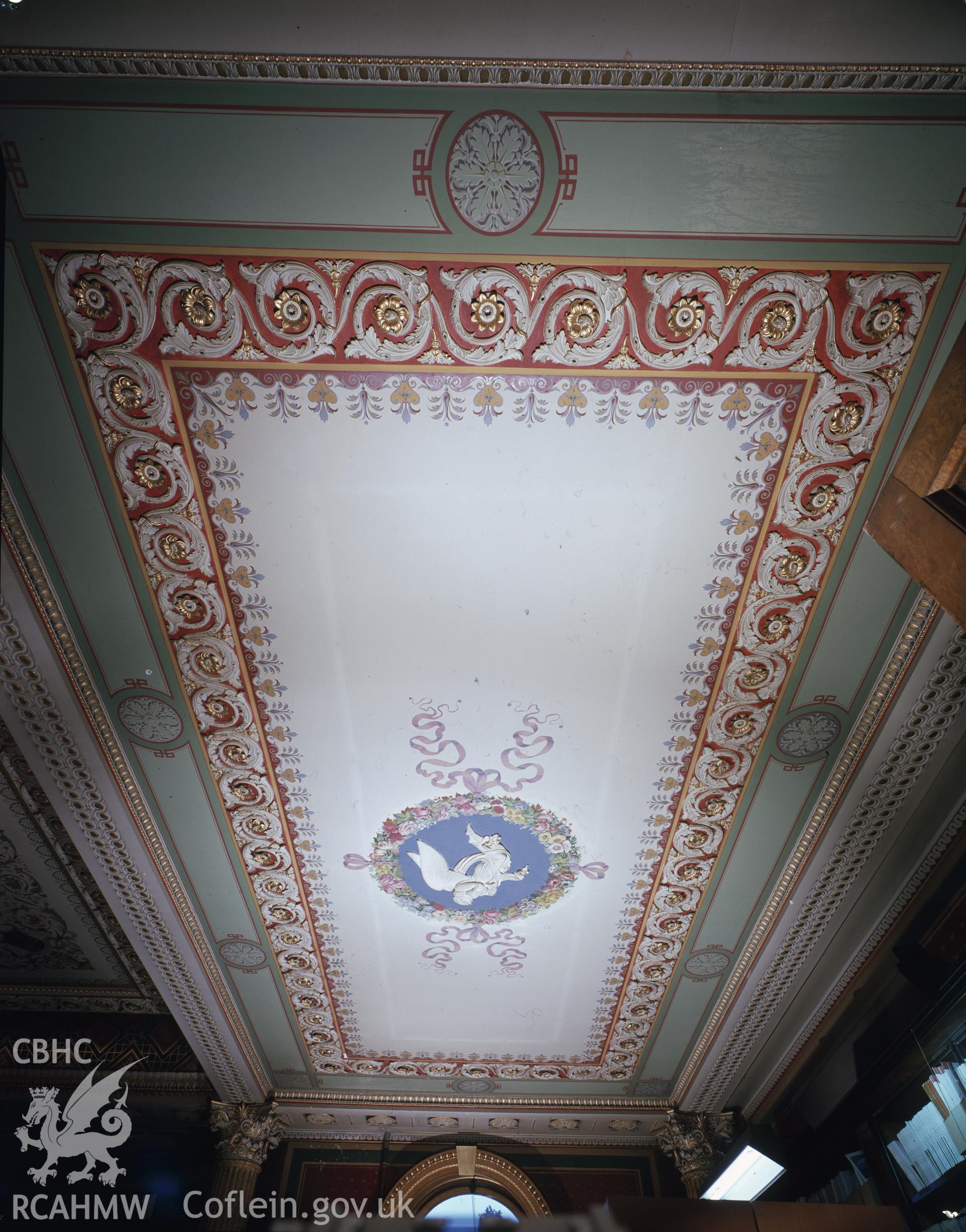 Colour image showing the library ceiling at Trawscoed.
