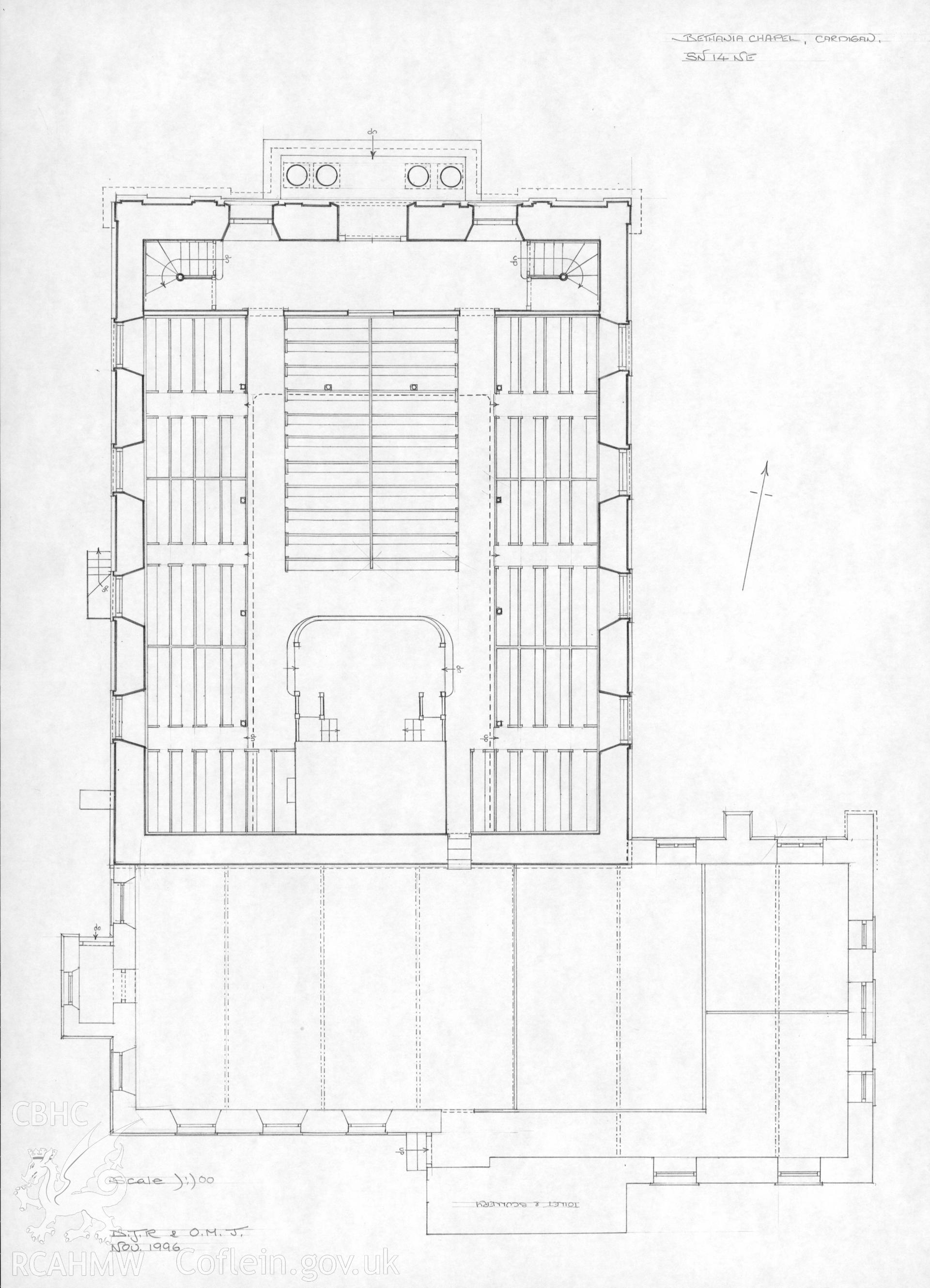 Bethania Chapel, Cardigan; Scale plan by D.J. Roberts & O.M. Jenkins dated November 1996.