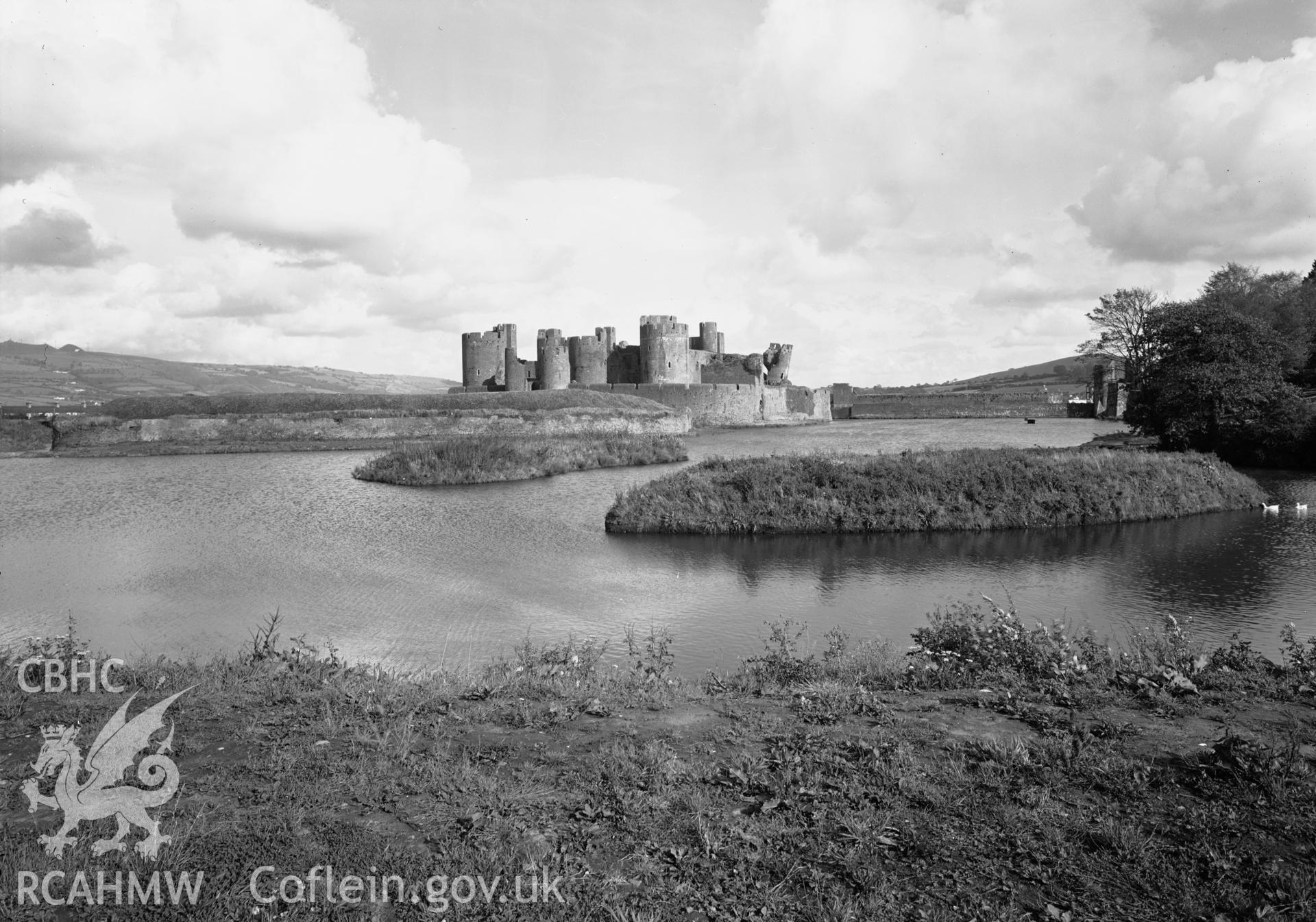 D.O.E photograph of Caerphilly Castle - view from south west showing water defences.