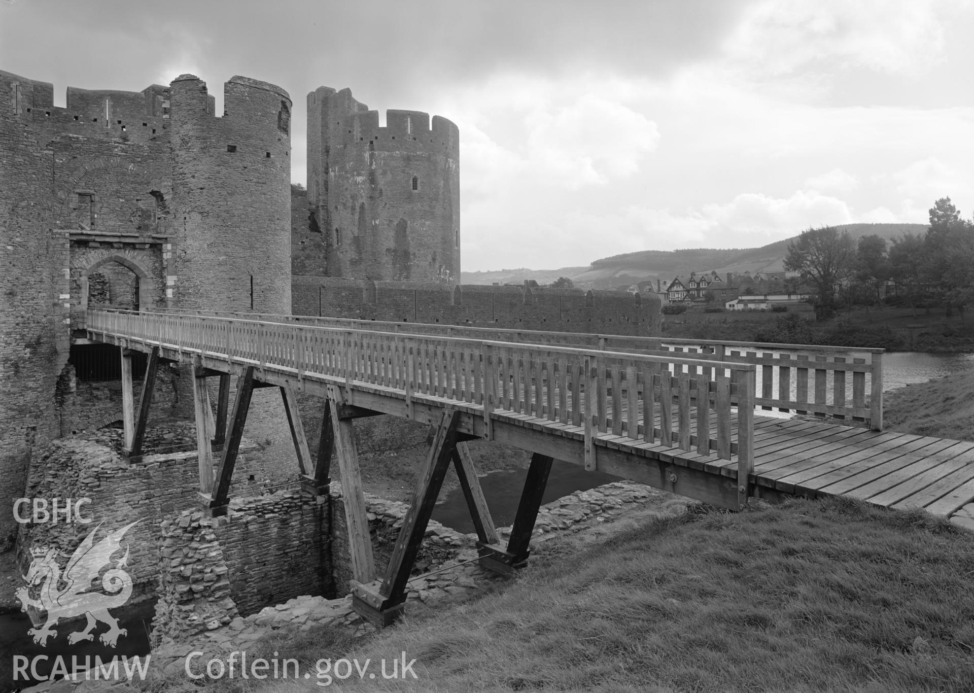 D.O.E photograph of Caerphilly Castle - west gate and bridge from the west.