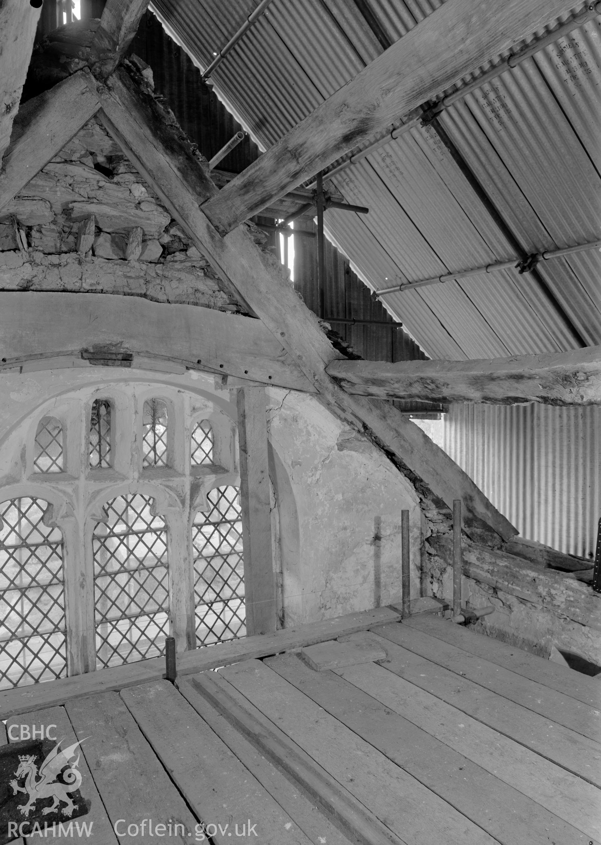 D.O.E photograph of Llangar Church - truss A, southern half, from the west.