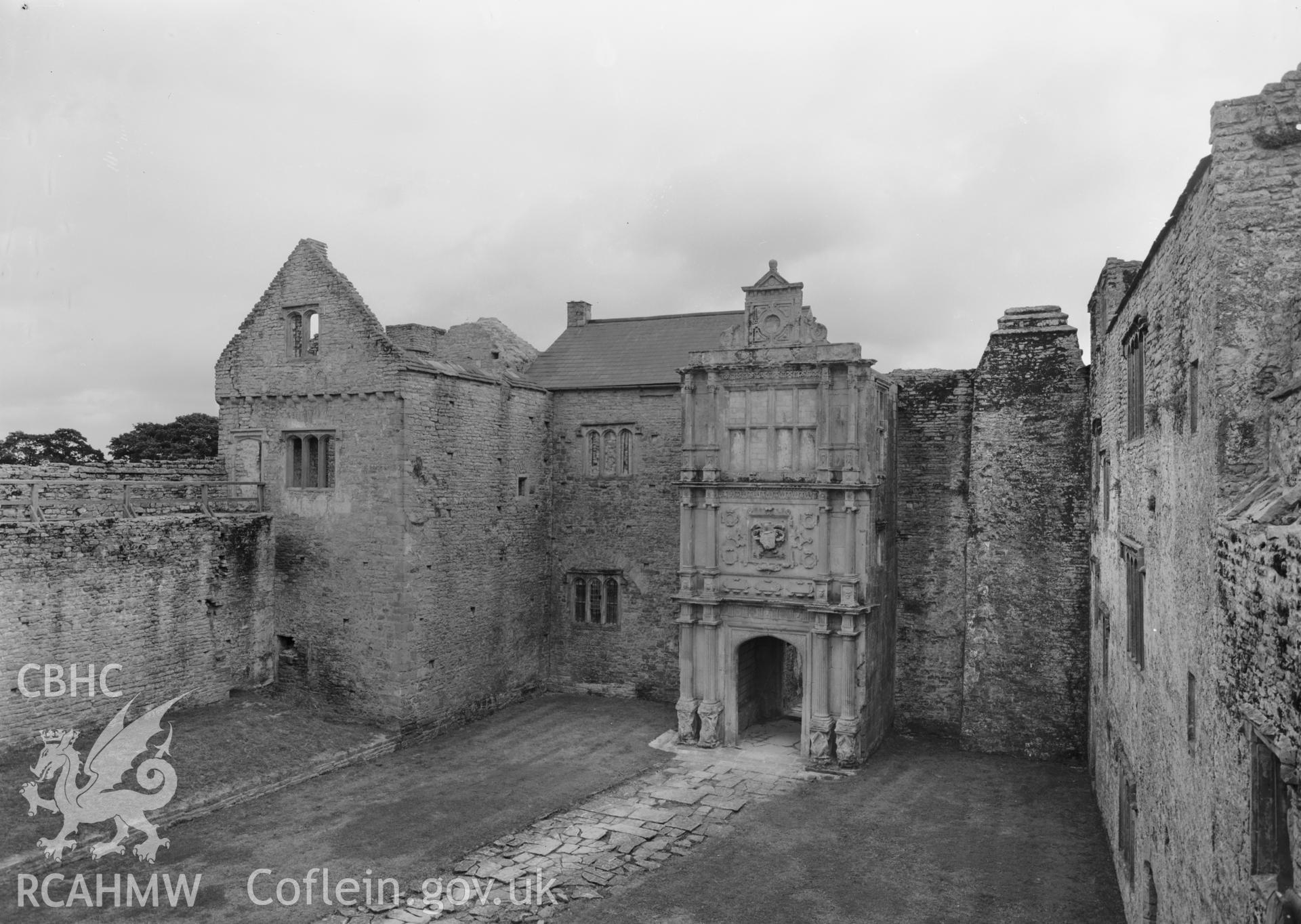 D.O.E. photograph of Beaupre Castle - courtyard from wall walk, northwest corner.