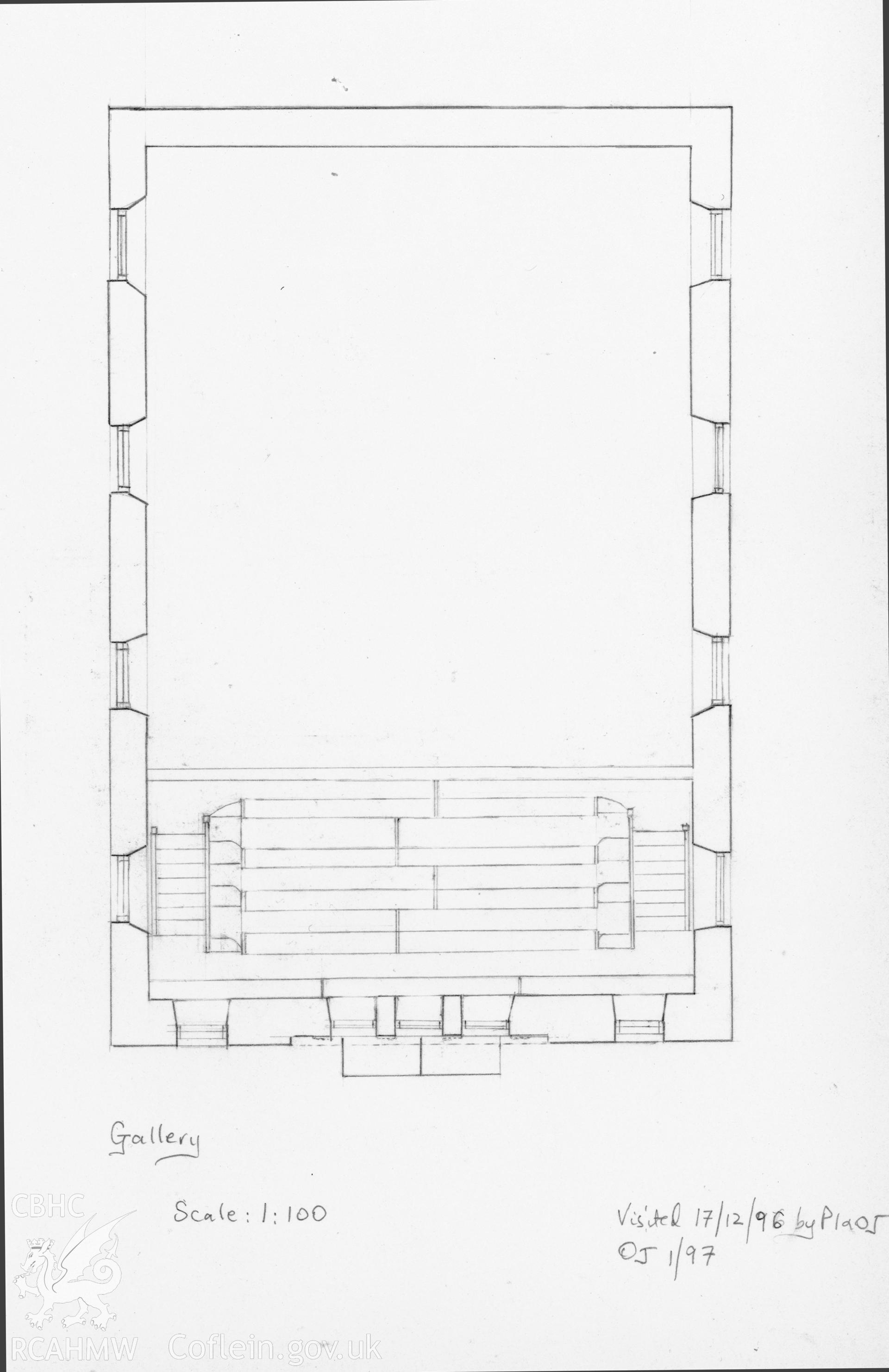 Llwynrhydowen New Chapel, Llandysul; Descriptive account & drawings showing SE elevation, ground floor plan & gallery plan by Olwen Jenkins dated 1997.