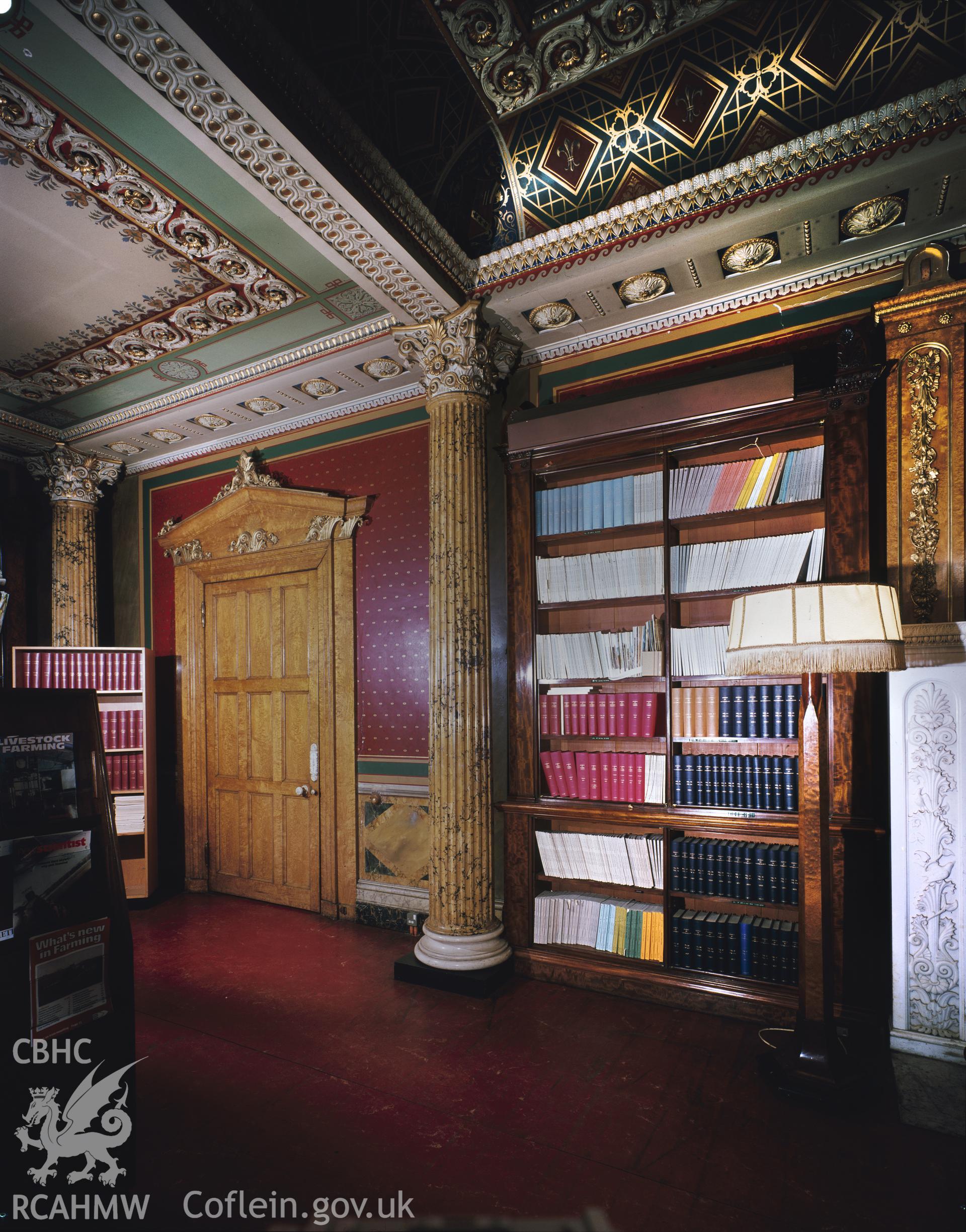 Colour image showing the library at at Trawscoed.