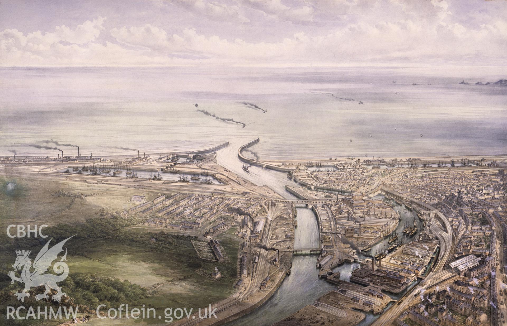 Digitised copy of an RCAHMW colour transparency of painting of an aerial view of Swansea Harbour. Original painting is hanging in Associated British Ports, Swansea and Port Talbot. Original not yet transferred to NMRW Archive.