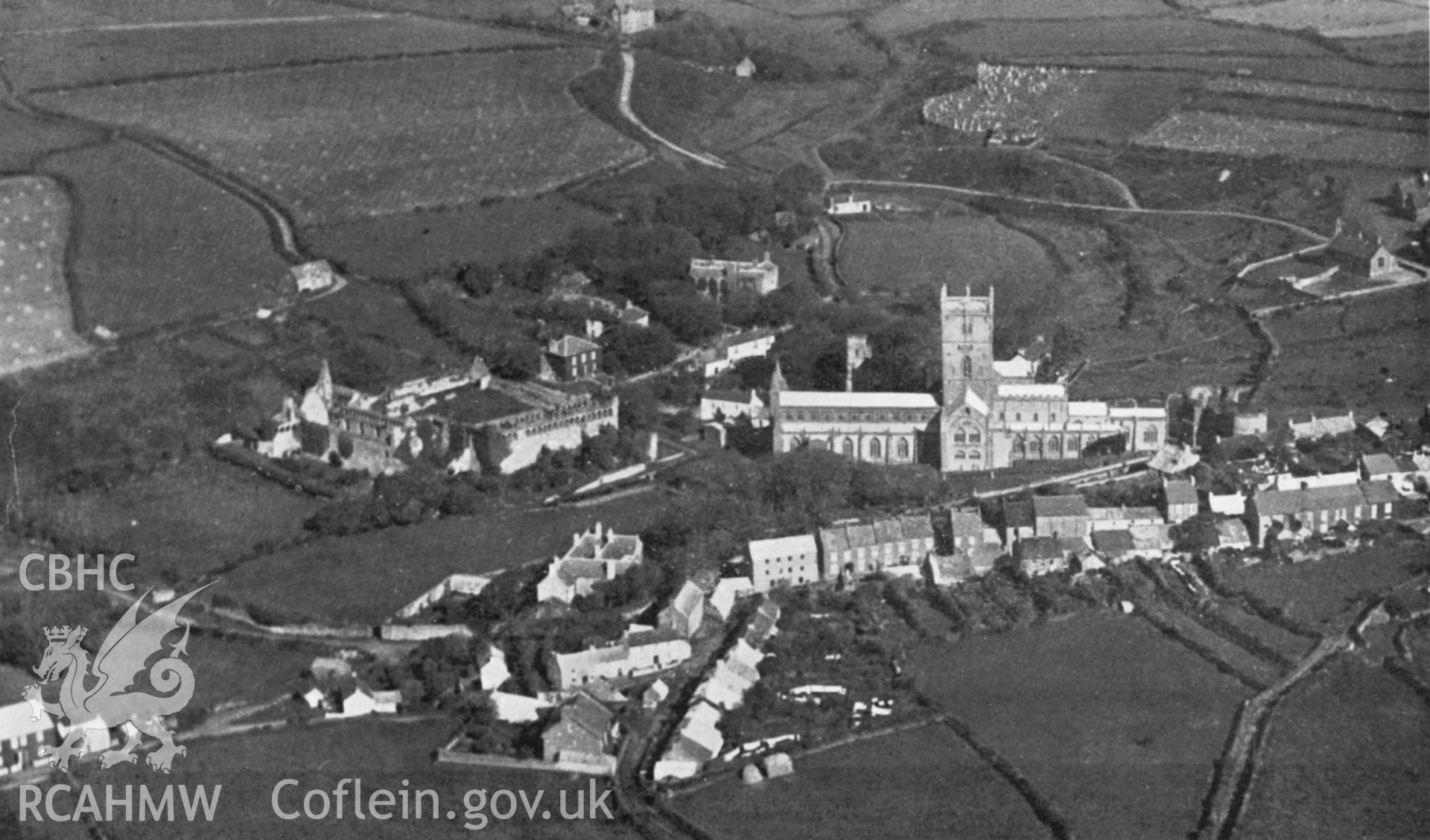 Digital copy of an aerial photograph of St Davids Cathedral copied from RCAHMW Pembrokeshire Inventory fig 280.
