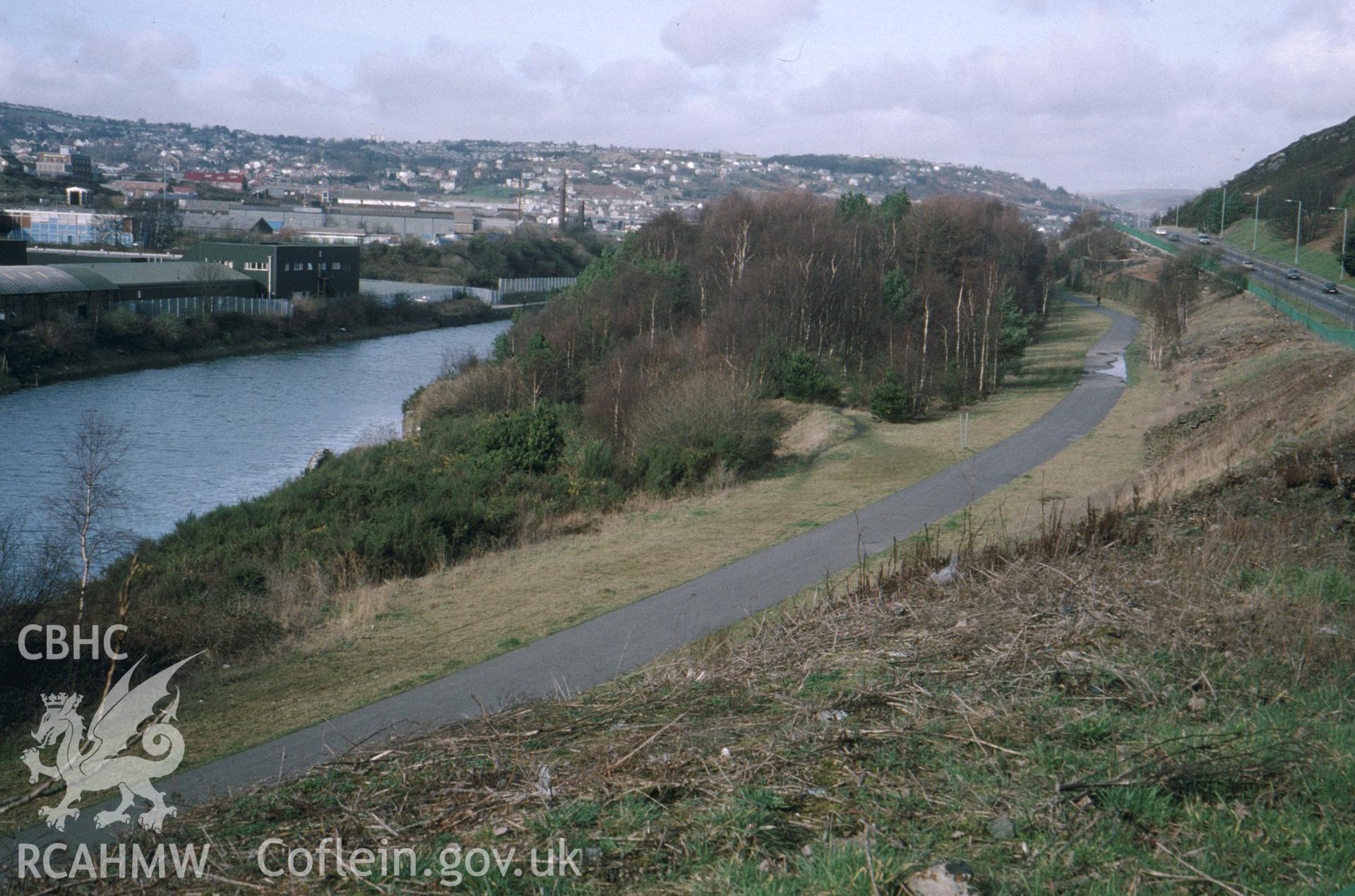 Colour slide of the cycle-path on the line of Smith's Canal, with the Tipping Staithes to the left (west) of the photograph.