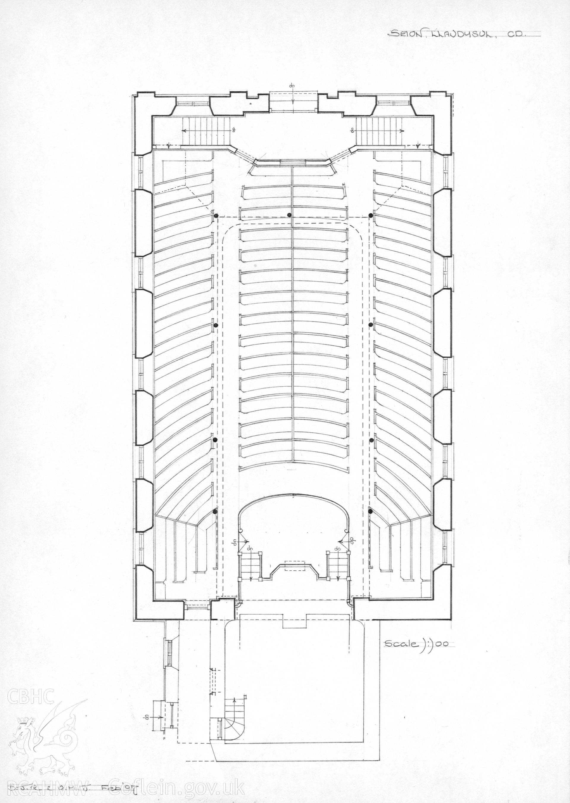Seion Chapel, Llandysul; Measured drawing by Dylan Roberts and Olwen Jenkins dated February 1997, showing seating plan of chapel.