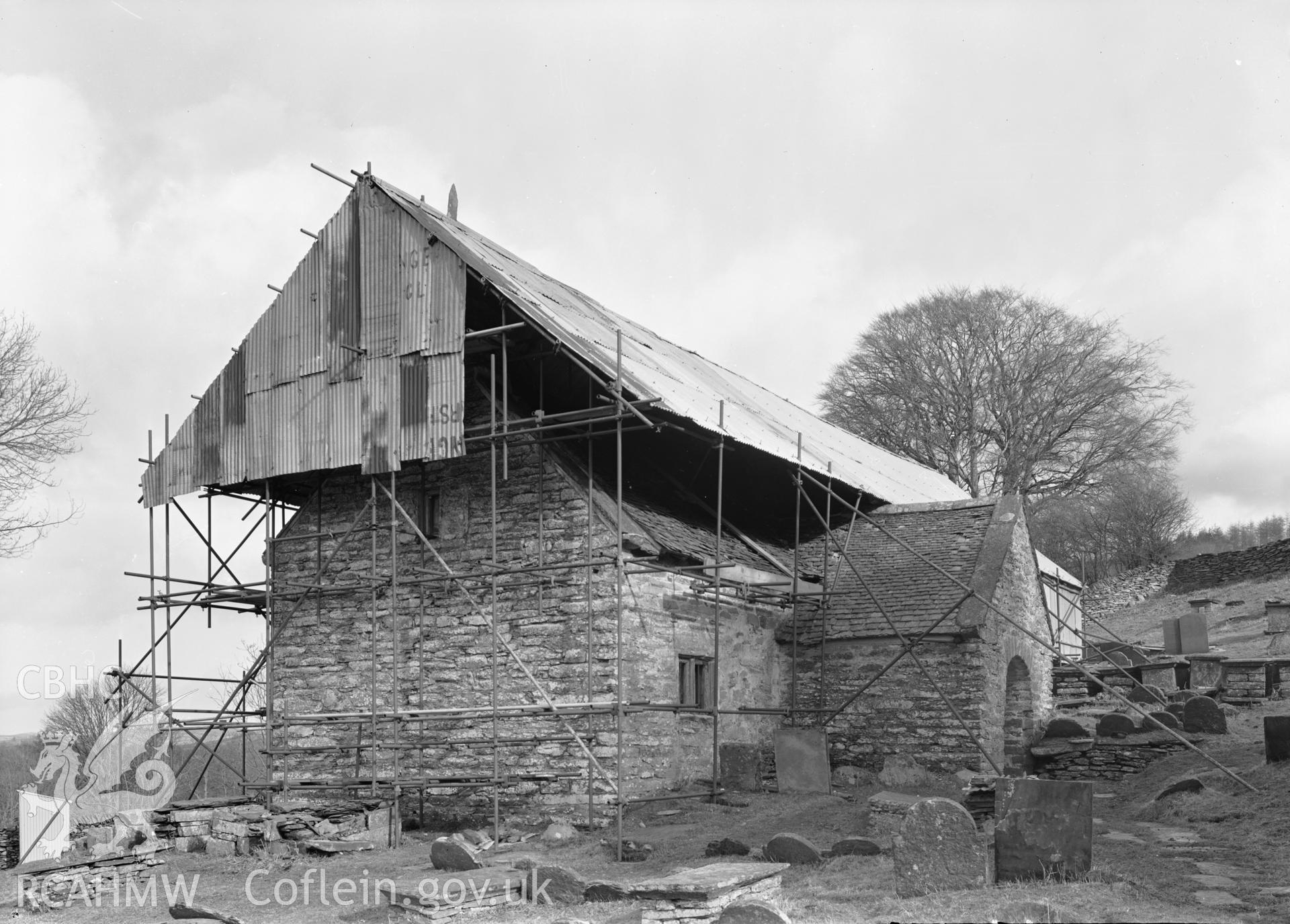 D.O.E photograph of Llangar Church from the south west with temporary roof. .
