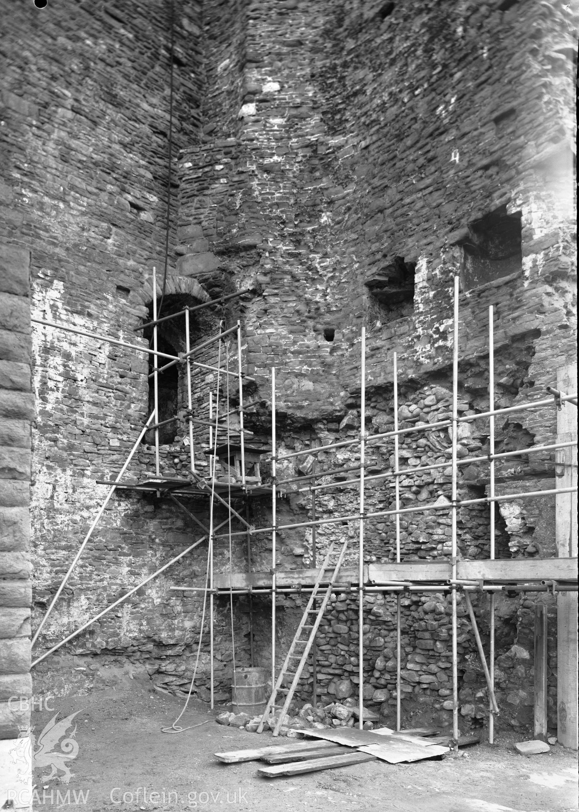 D.O.E photograph of Swansea Castle - west face of clock tower during conservation.