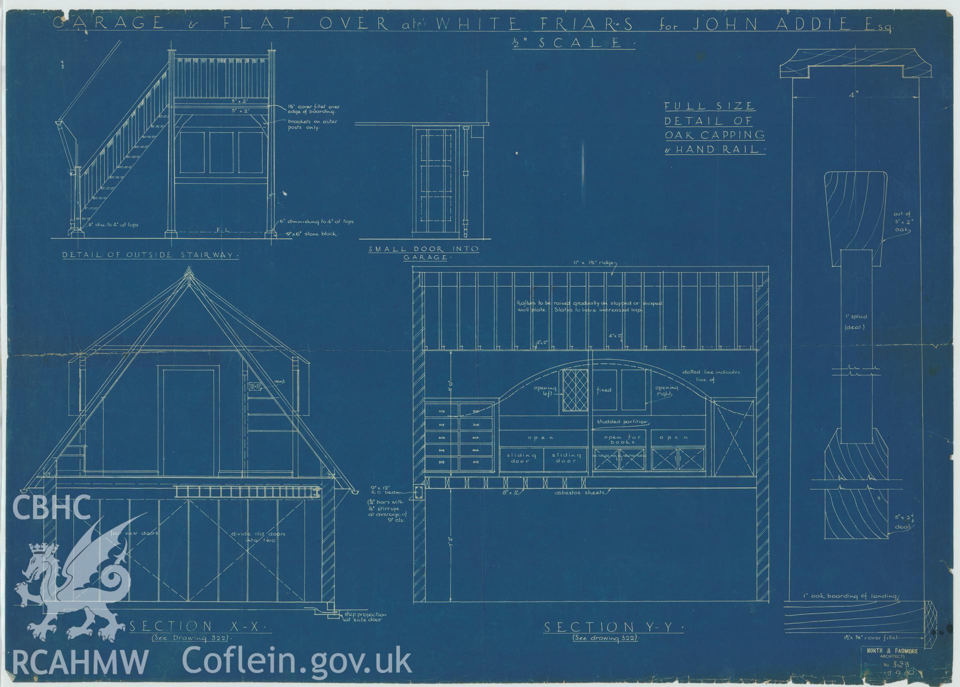 Blue-print sections and detail of oak capping and hand rail, relating to Whitefriars, West Shore, Llanfairfechan, Conwy: Garage and Flat Over.