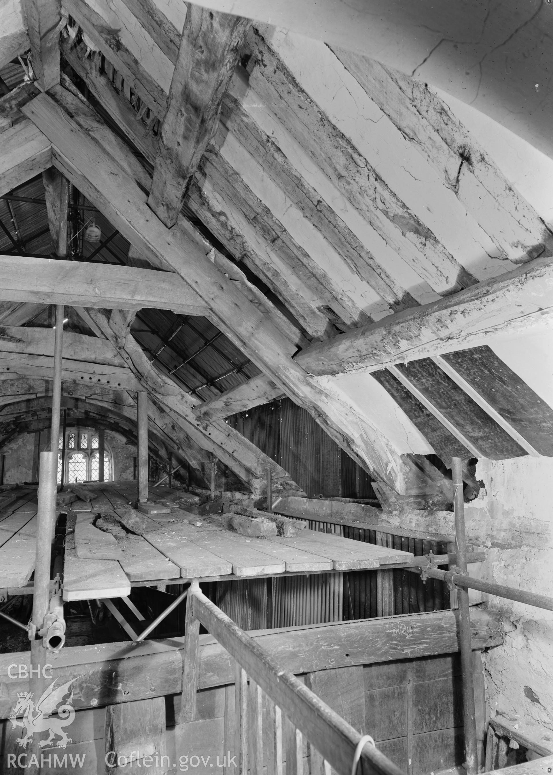 D.O.E photograph of Llangar Church - roof trusses looking east from gallery, south side.
