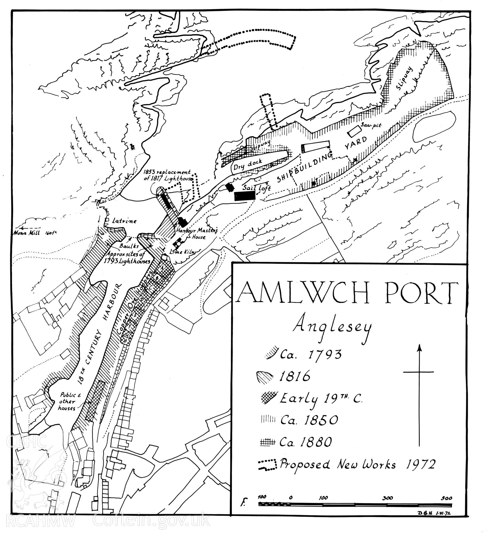 Map showing the development of Amlwch Harbour from 1793, including the proposed works of 1972, produced by Douglas Hague 1972.