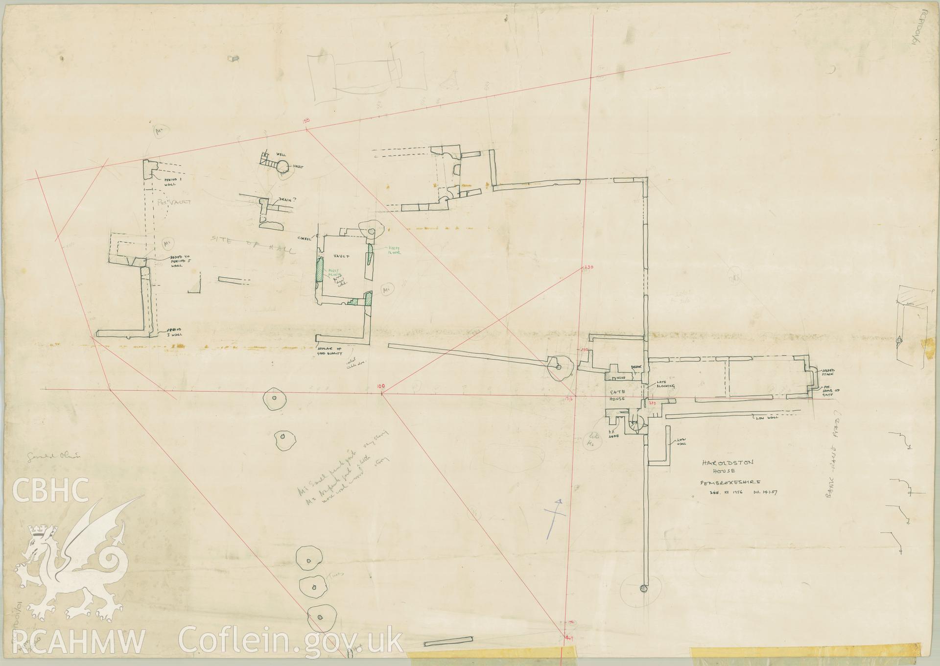 Haroldstone House, Pembrokeshire; Incomplete plan with annotations produced by Douglas Hague, December 1956