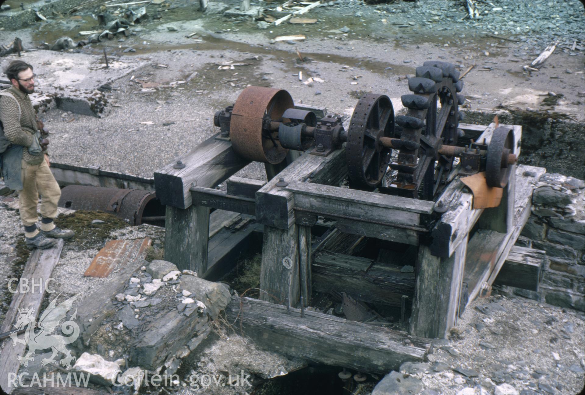 Digitized 35mm slide of Nant Iago Mine Pelton wheel, taken by Christopher J. Williams, and loaned by him for copying.