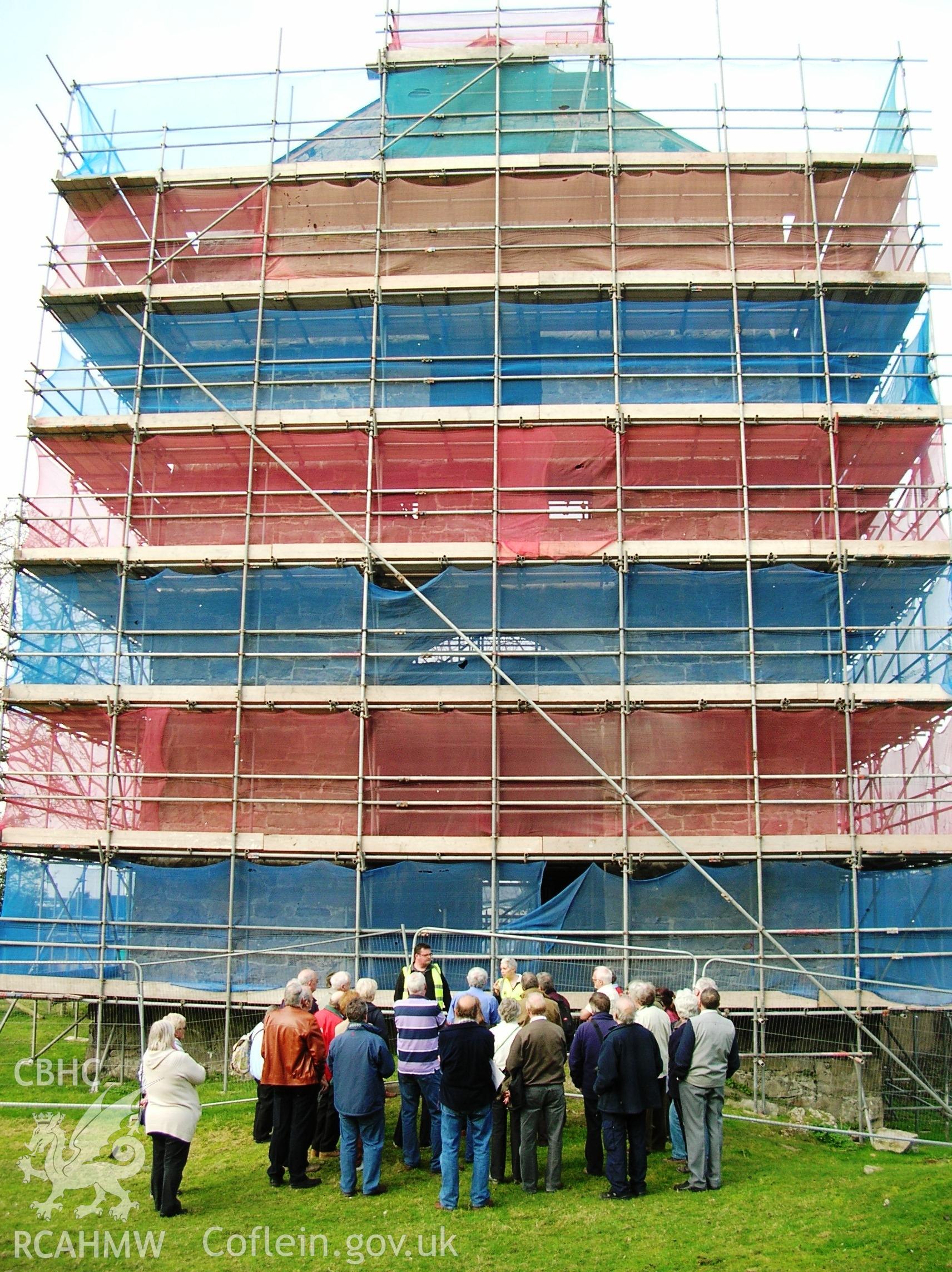 Colour photo showing scaffold around the Clive Engine House at Talar Goch Mine, produced by C.J. Williams, 2012.