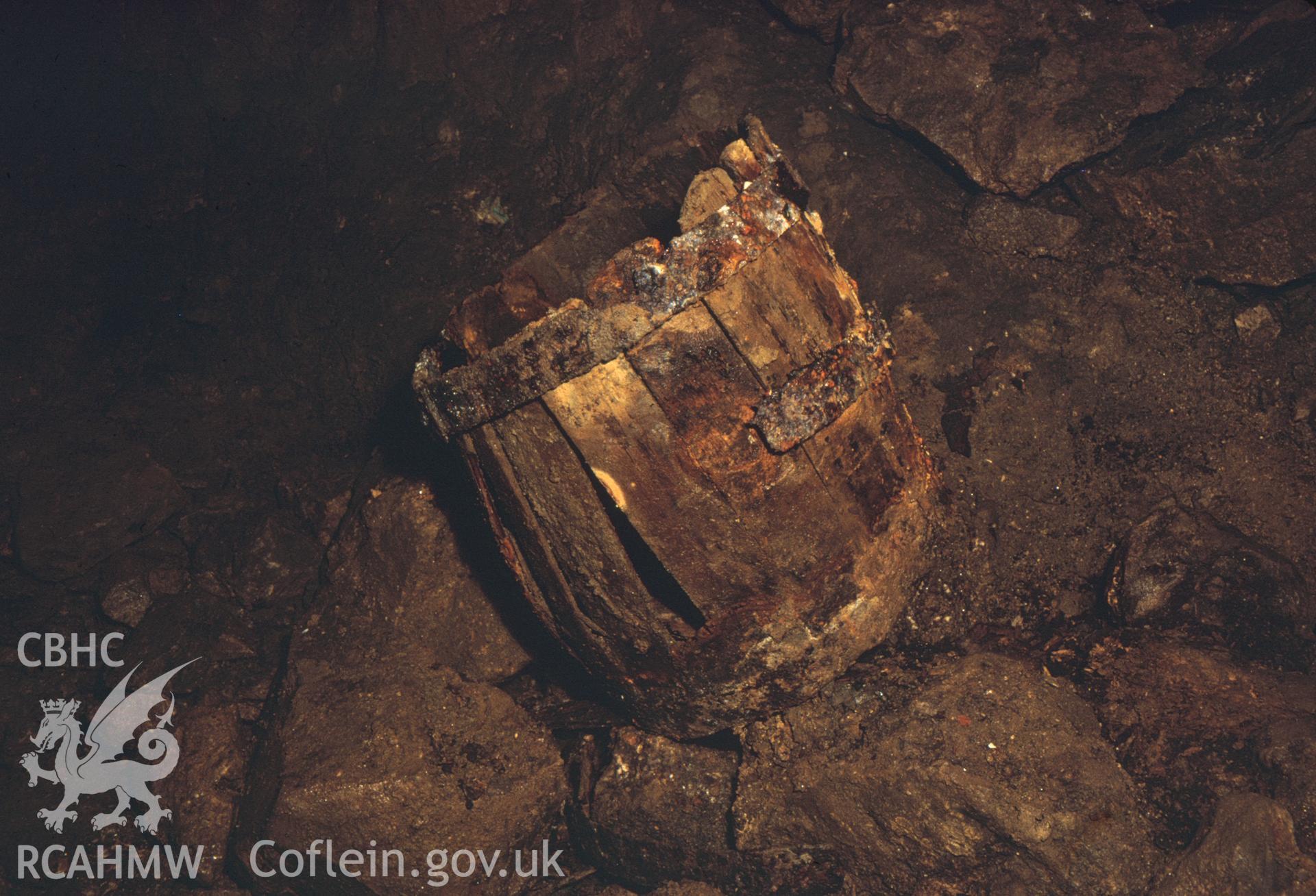 Digitized 35mm slide of Penmorfa Level, remains of bucket, taken by Christopher J. Williams, and loaned by him for copying.