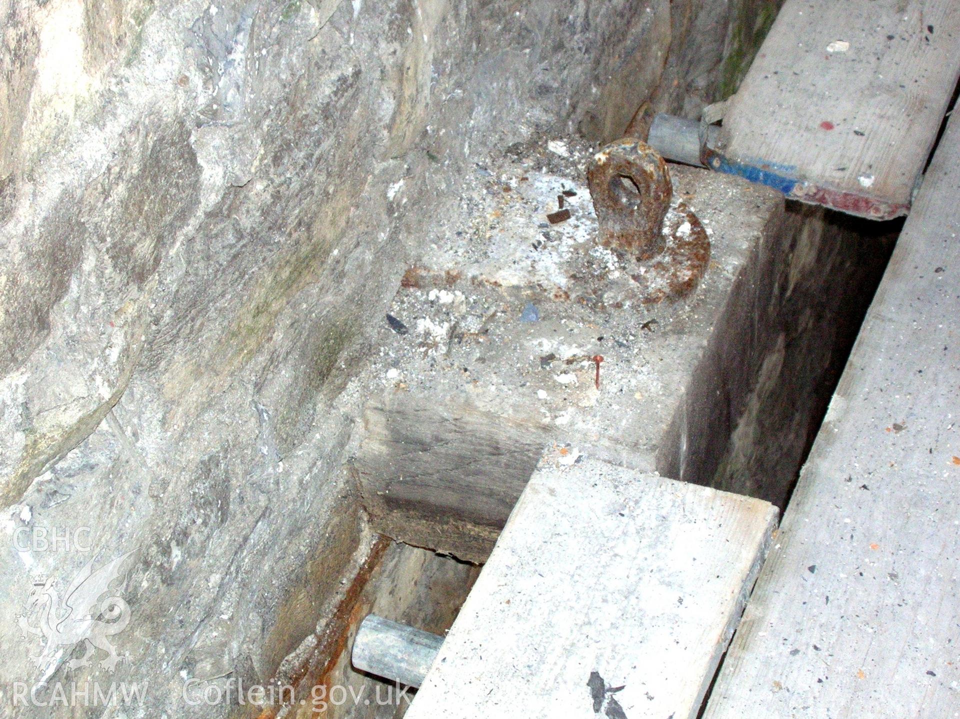 Colour photo showing attachment point near the roof, inside the Clive Engine House, Talar Goch Mine, produced by C.J. Williams, 2012.