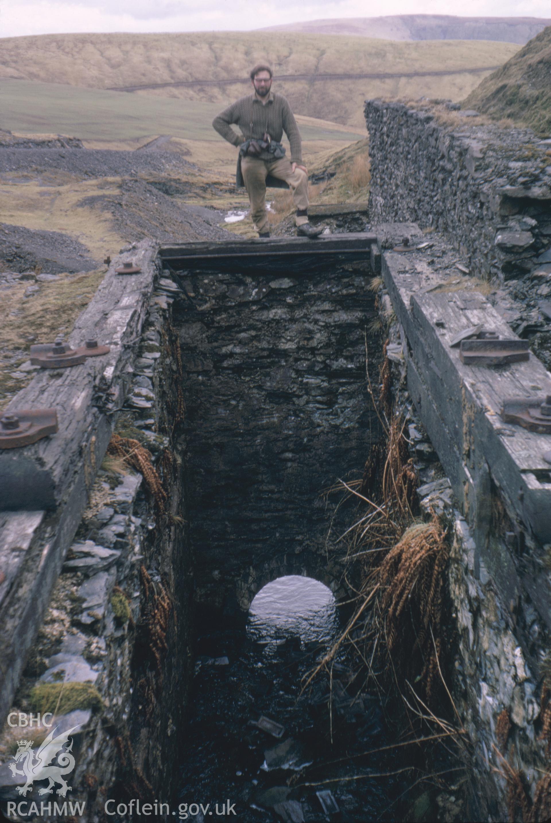 Digitized 35mm slide of Nant Iago Mine wheelpit, taken by Christopher J. Williams, and loaned by him for copying.