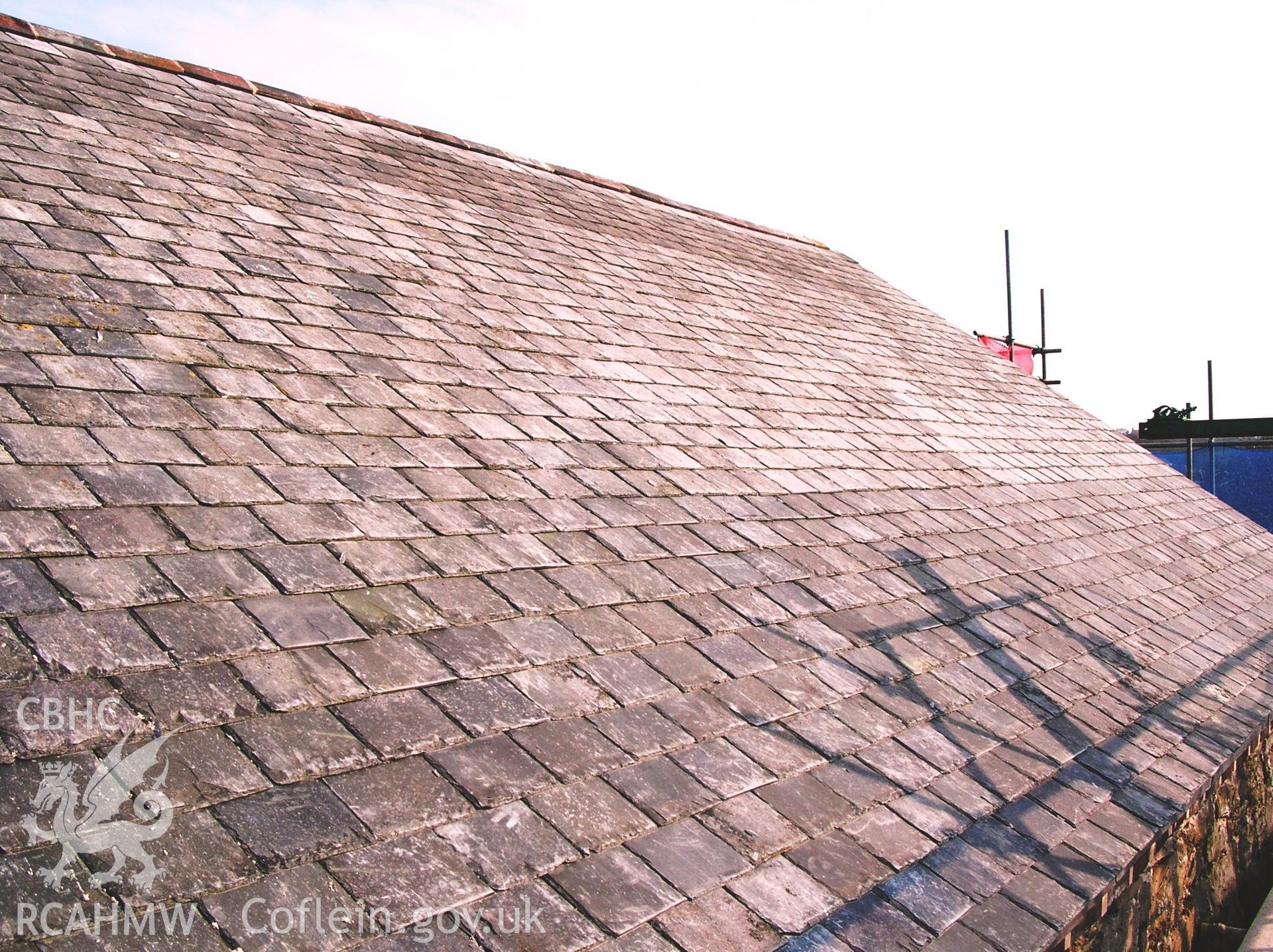 Colour photo showing restored roof (west) at the Clive Engine House, Talar Goch Mine, produced by C.J. Williams, 2012.