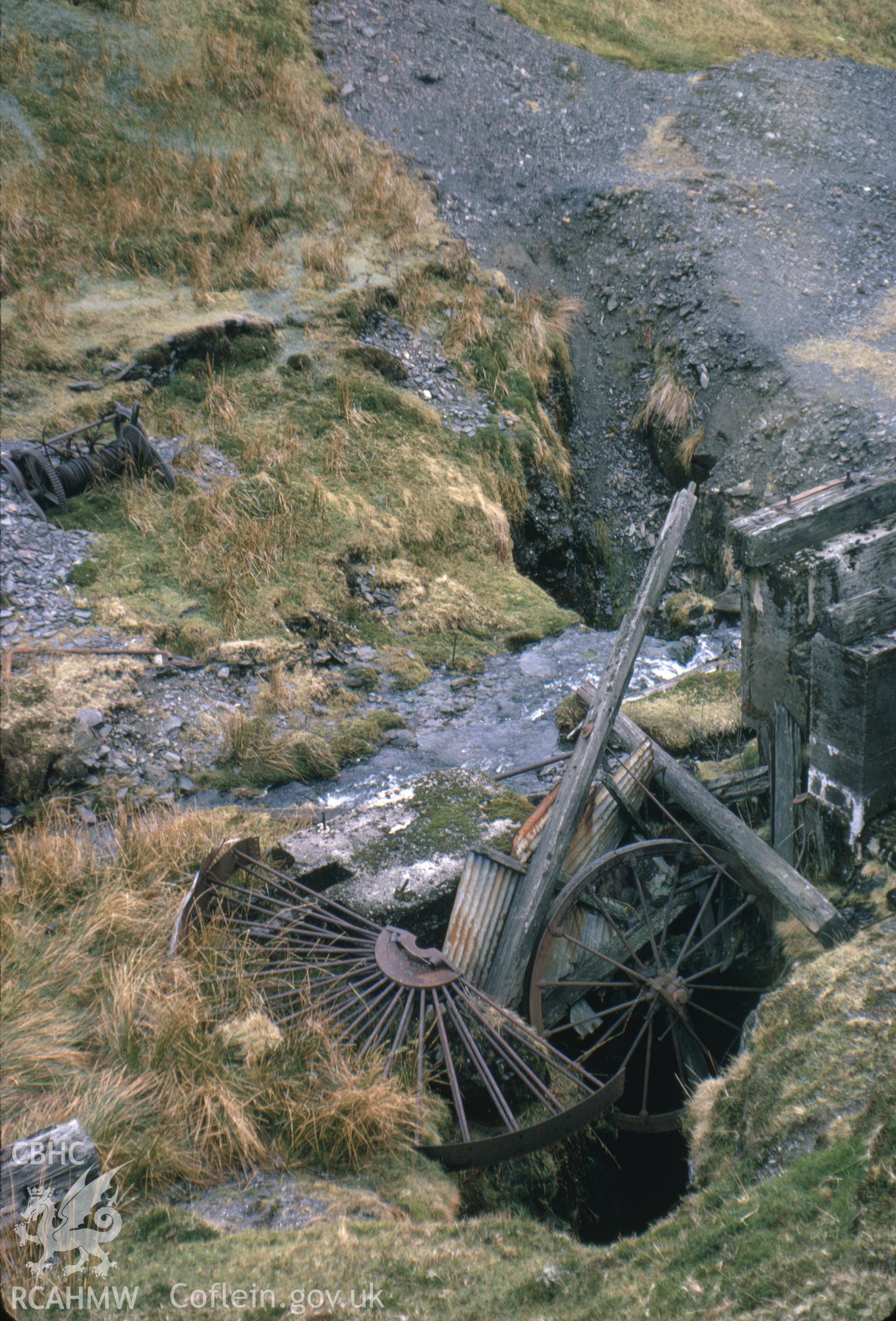 Digitized 35mm slide of Nant Iago Mine mine shaft and sheave, taken by Christopher J. Williams, and loaned by him for copying.