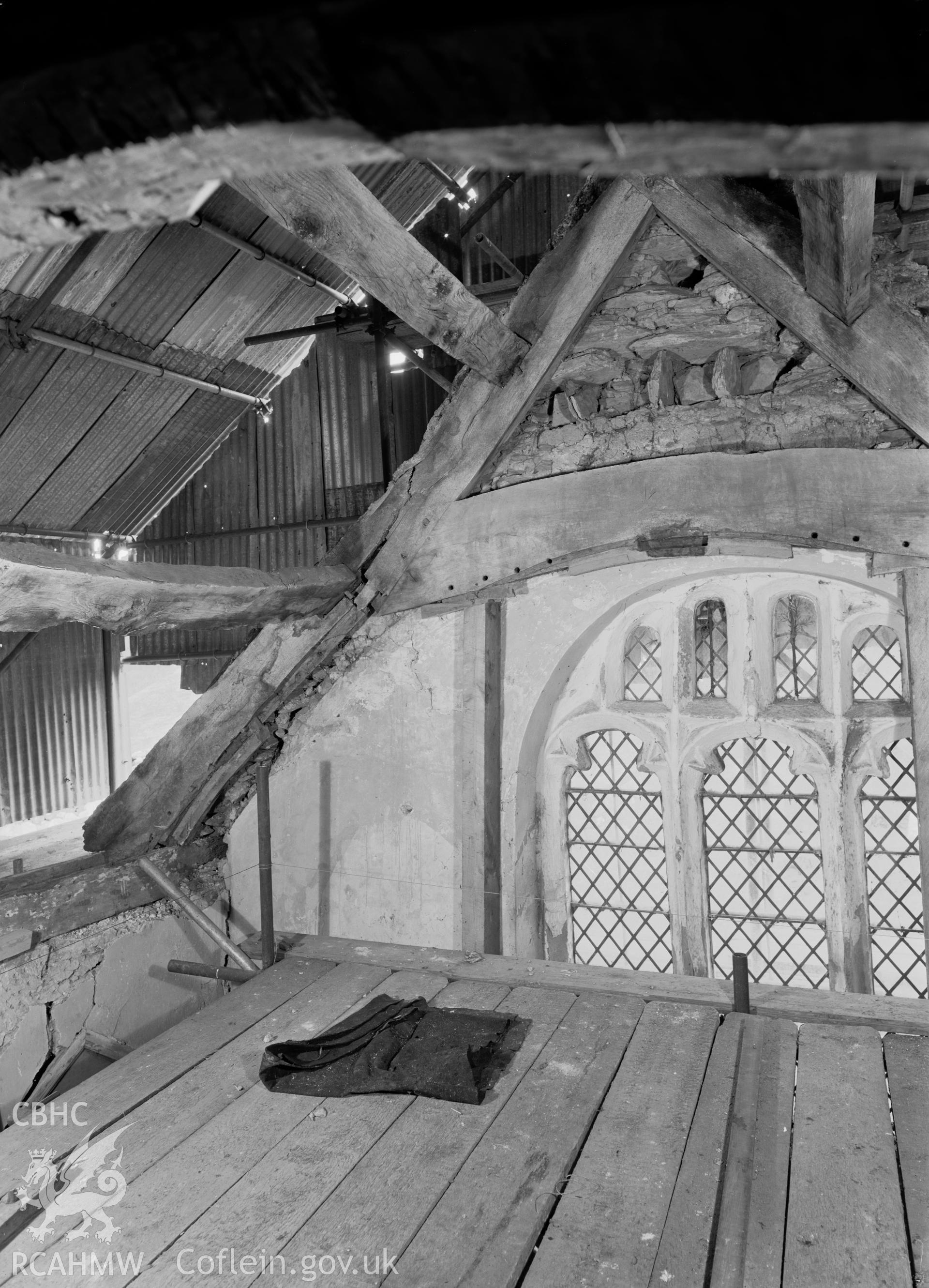 D.O.E photograph of Llangar Church - truss A, northern half, from the west.